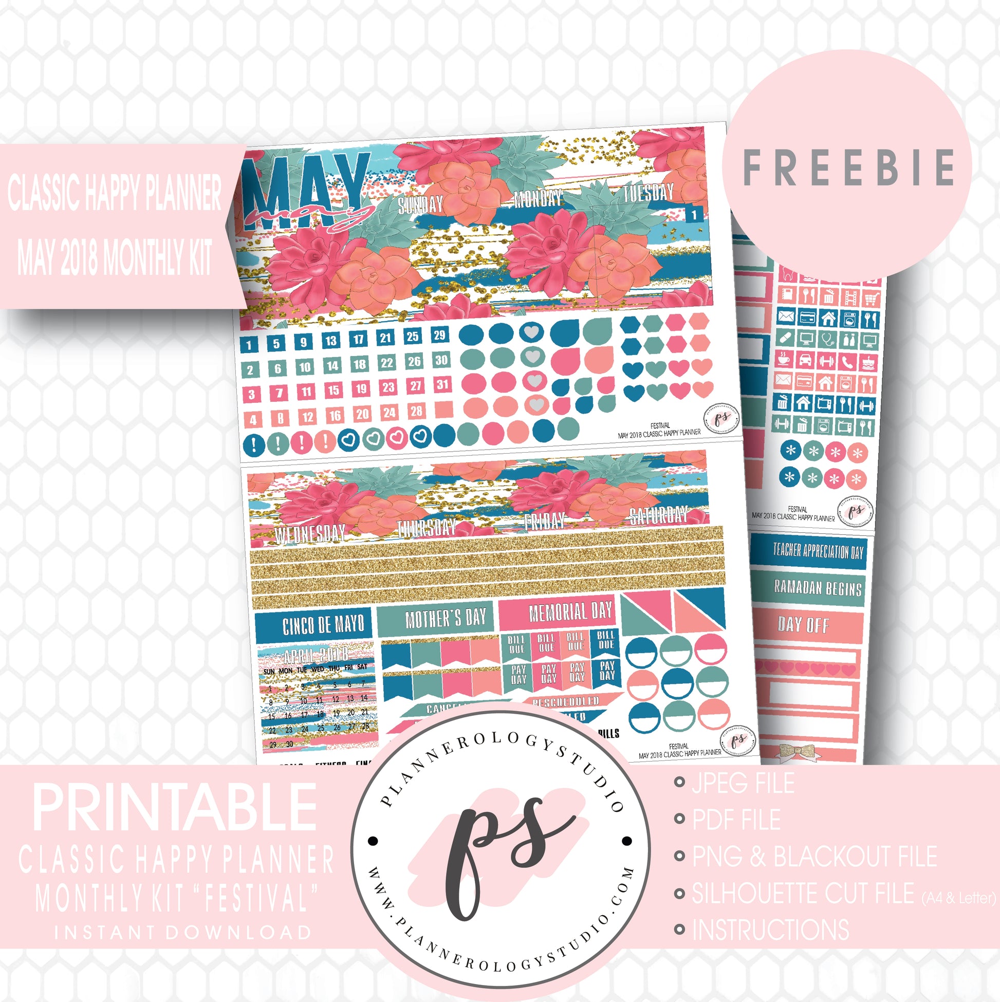 Festival Classic Happy Planner May 2018 Monthly Kit Digital Printable Planner Stickers (PDF/JPG/PNG/Silhouette Cut File Freebie) - Plannerologystudio