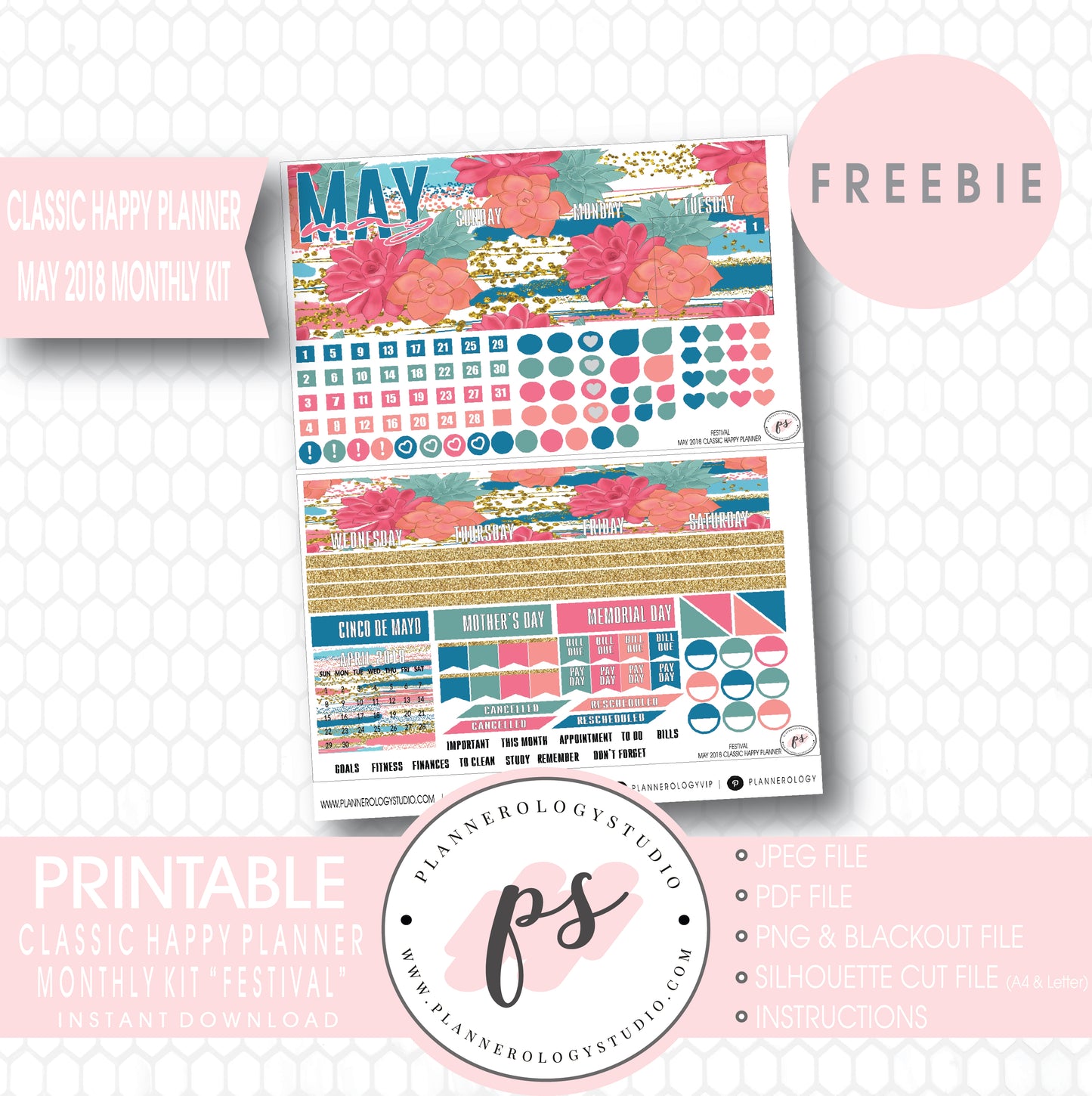 Festival Classic Happy Planner May 2018 Monthly Kit Digital Printable Planner Stickers (PDF/JPG/PNG/Silhouette Cut File Freebie) - Plannerologystudio