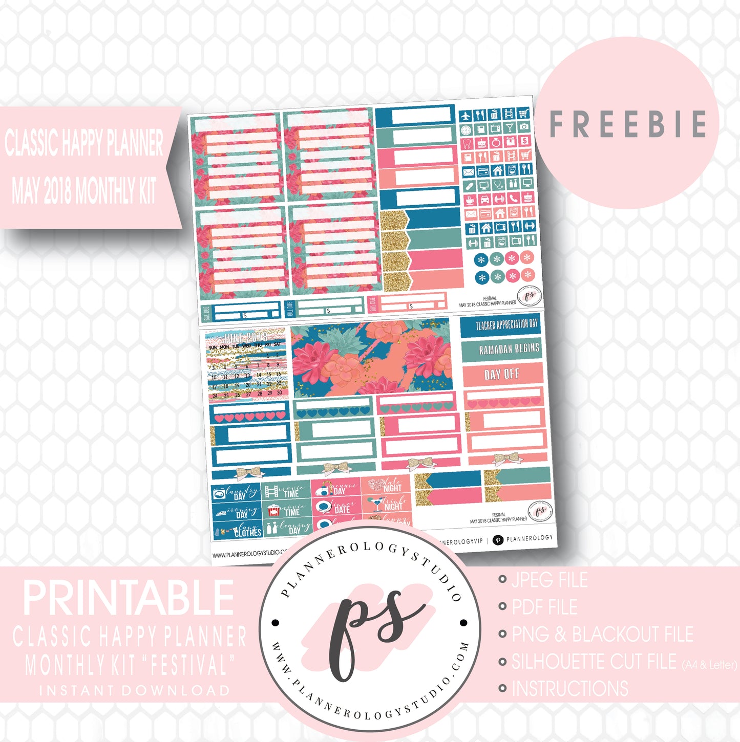 Festival Classic Happy Planner May 2018 Monthly Kit Digital Printable Planner Stickers (PDF/JPG/PNG/Silhouette Cut File Freebie) - Plannerologystudio