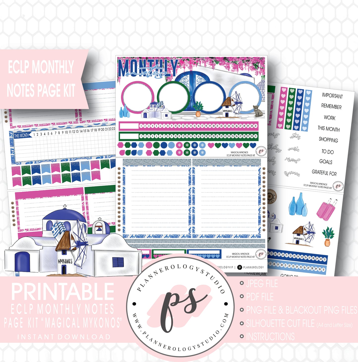 Magical Mykonos Monthly Notes Page Kit Digital Printable Planner Stickers (for use with ECLP) - Plannerologystudio