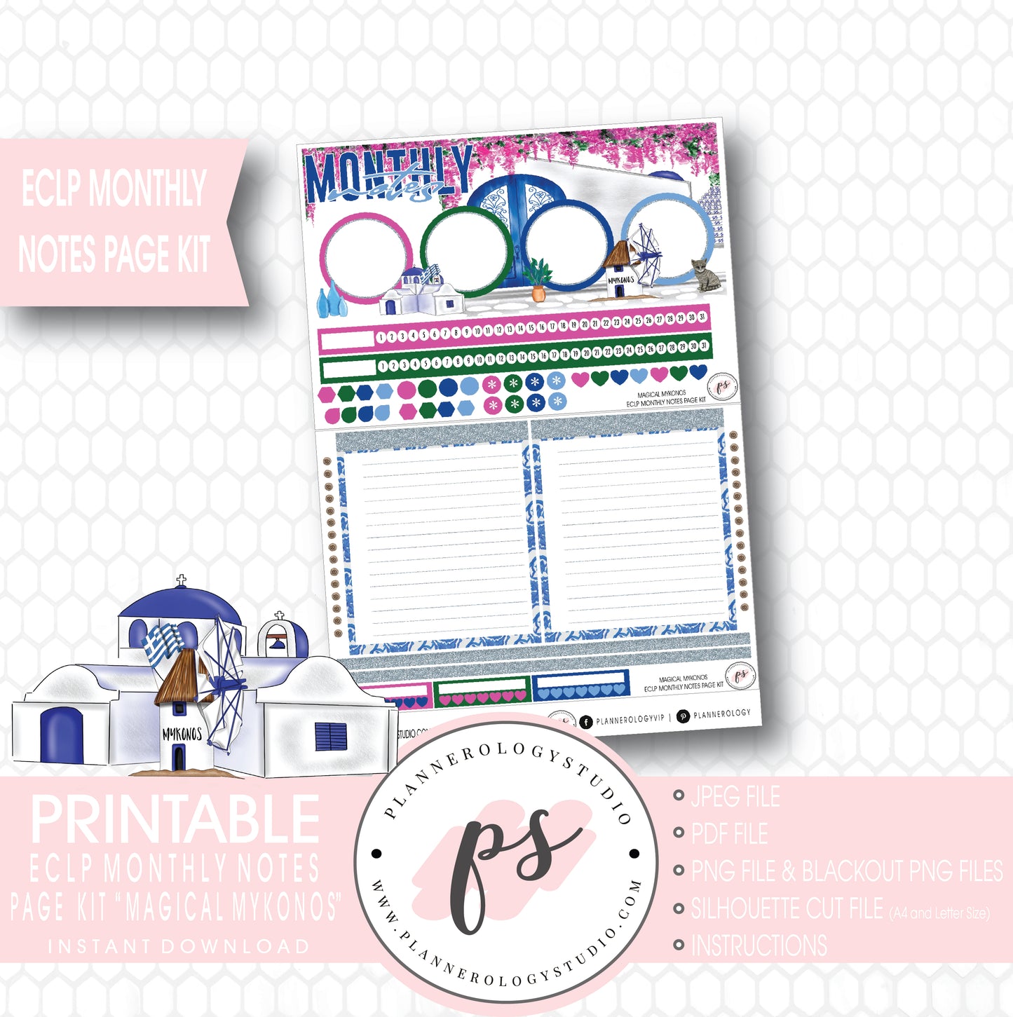 Magical Mykonos Monthly Notes Page Kit Digital Printable Planner Stickers (for use with ECLP) - Plannerologystudio