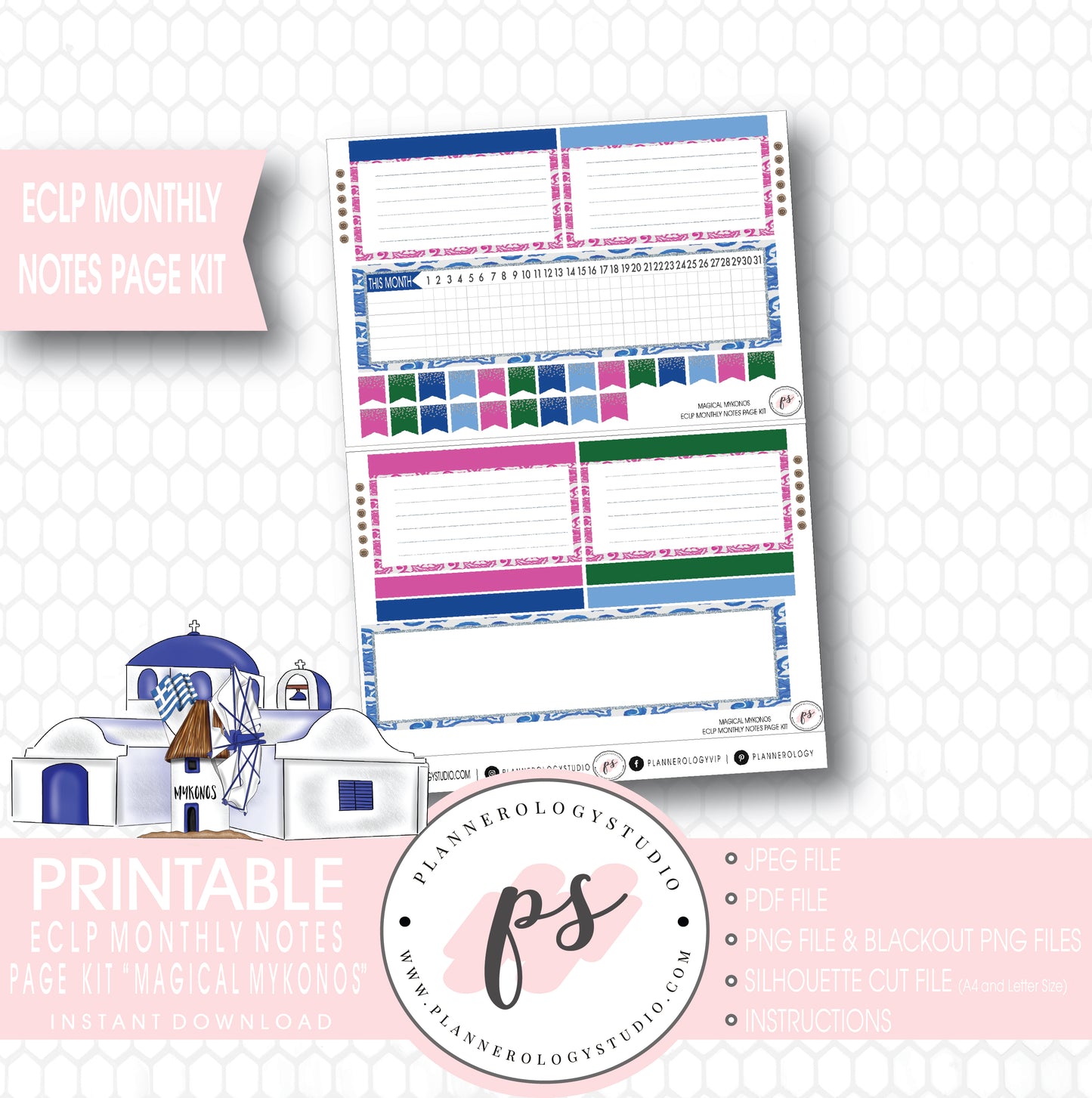 Magical Mykonos Monthly Notes Page Kit Digital Printable Planner Stickers (for use with ECLP) - Plannerologystudio