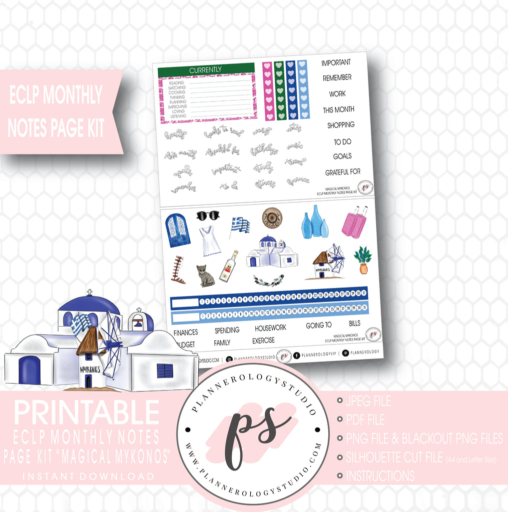 Magical Mykonos Monthly Notes Page Kit Digital Printable Planner Stickers (for use with ECLP) - Plannerologystudio