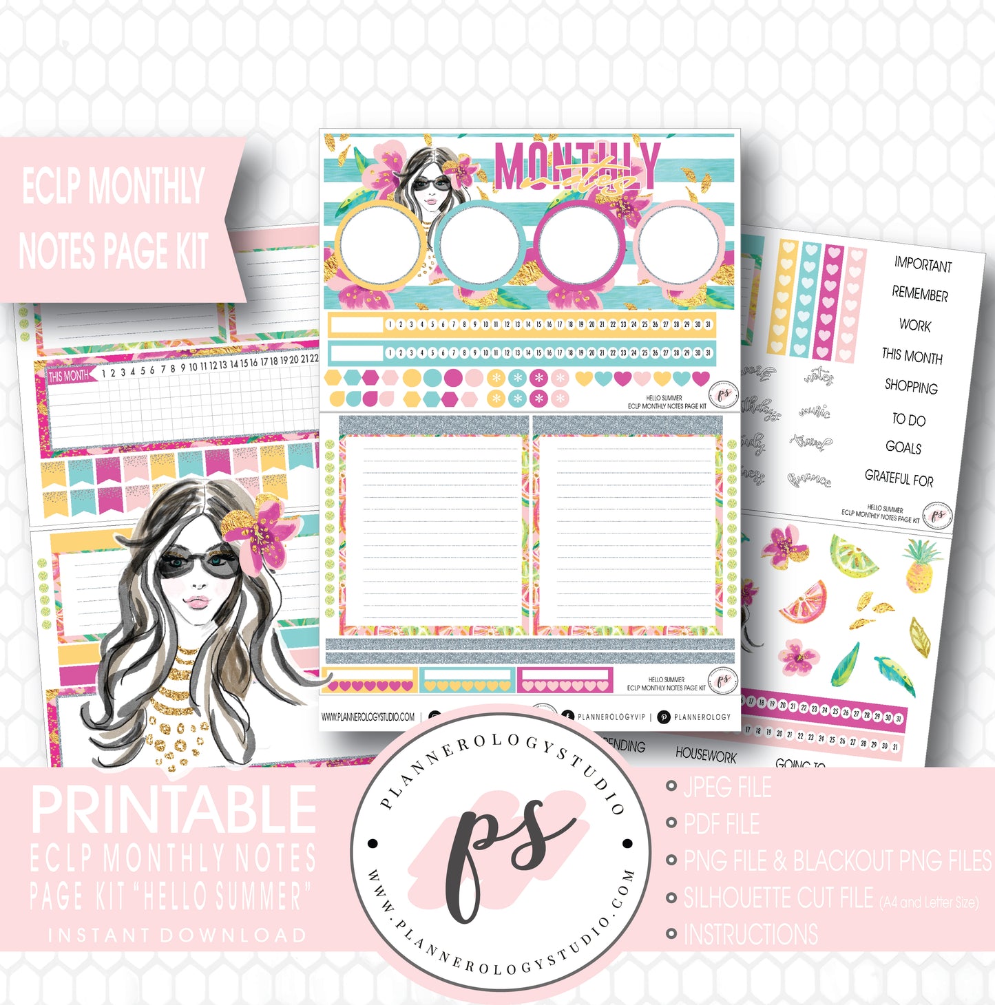 Hello Summer Monthly Notes Page Kit Digital Printable Planner Stickers (for use with ECLP) - Plannerologystudio