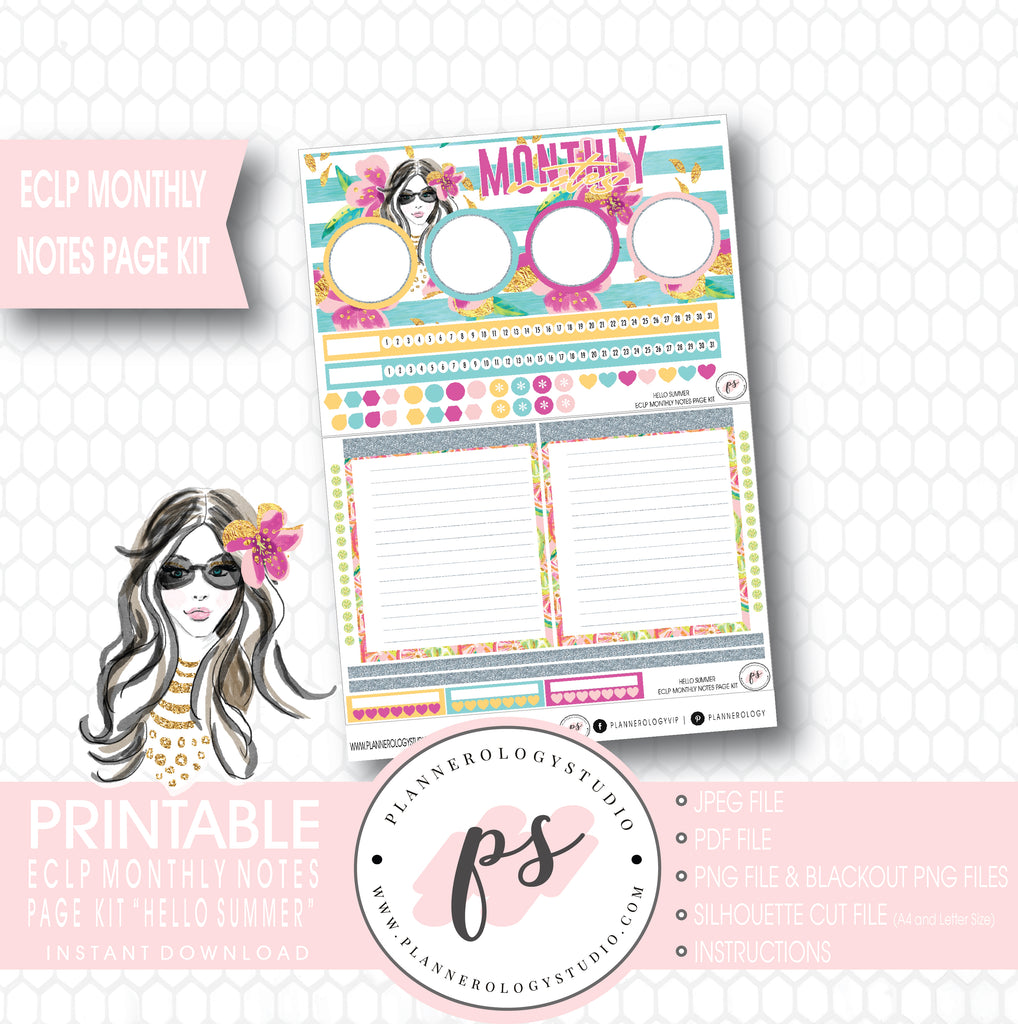 Hello Summer Monthly Notes Page Kit Digital Printable Planner Stickers (for use with ECLP) - Plannerologystudio