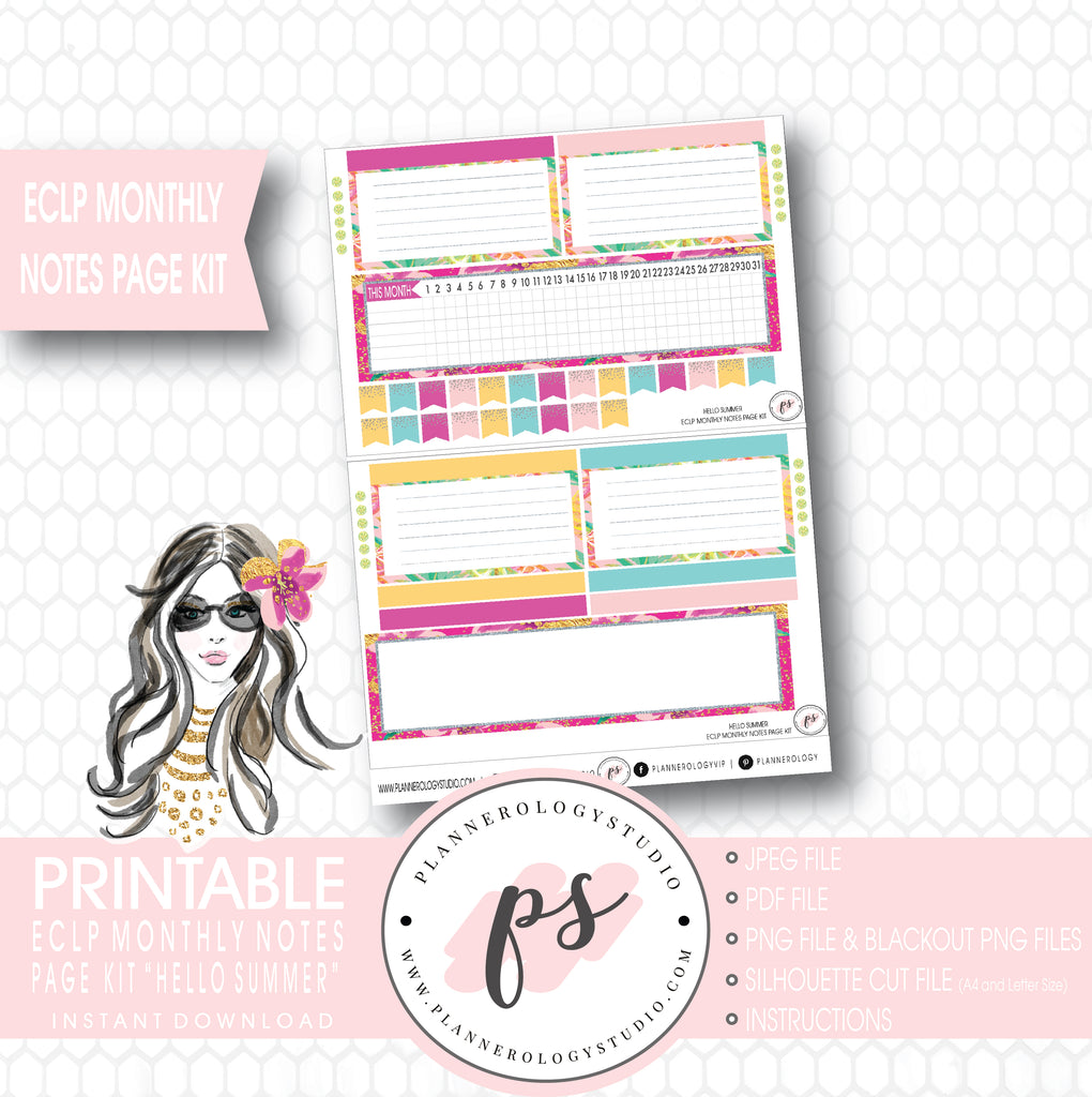 Hello Summer Monthly Notes Page Kit Digital Printable Planner Stickers (for use with ECLP) - Plannerologystudio