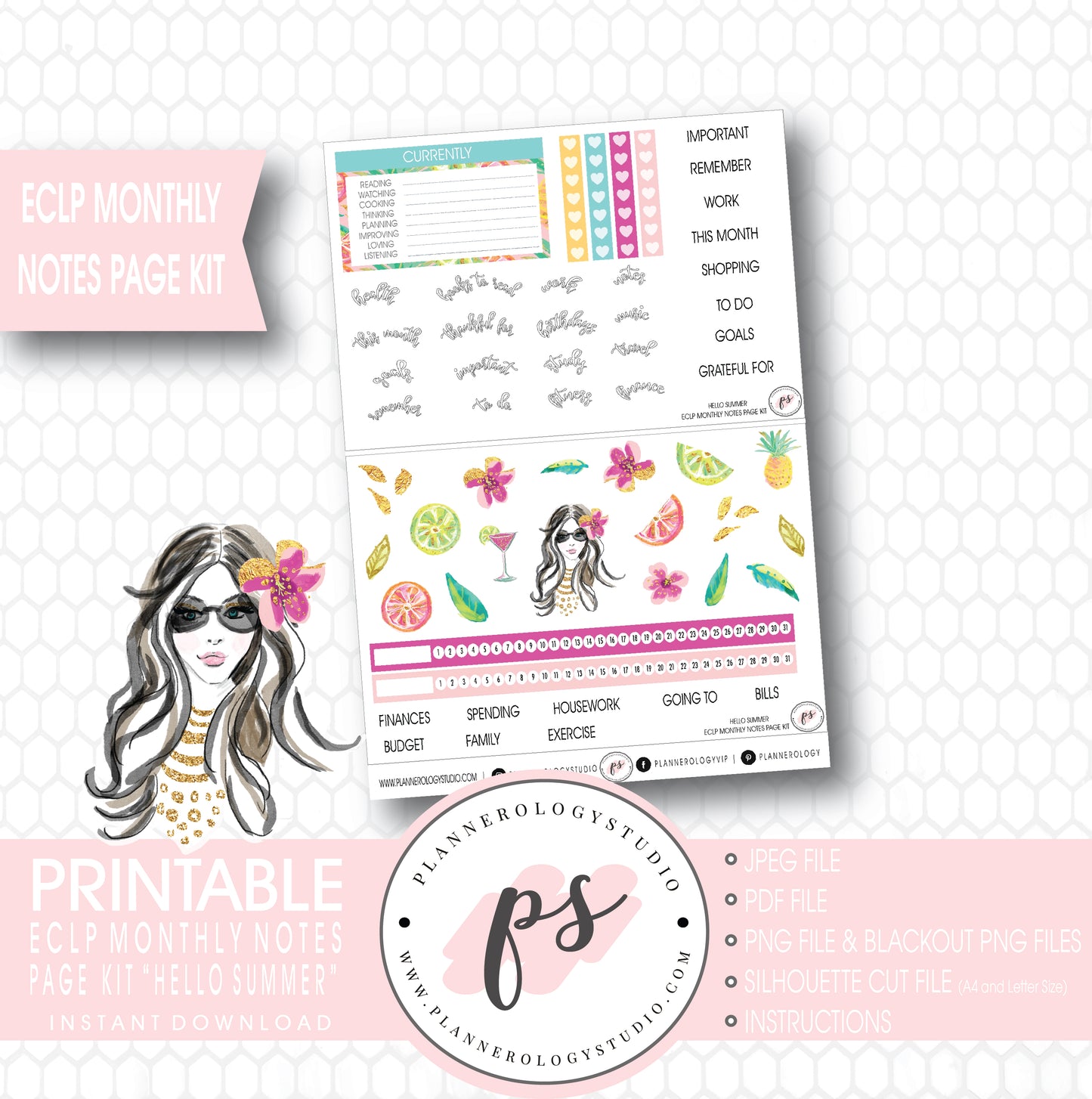 Hello Summer Monthly Notes Page Kit Digital Printable Planner Stickers (for use with ECLP) - Plannerologystudio