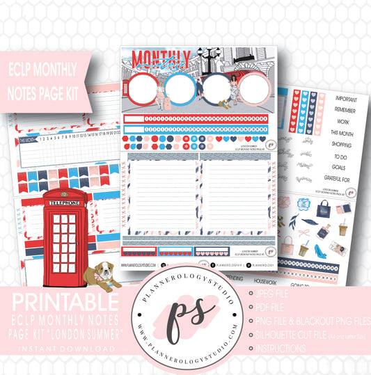 London Summer Monthly Notes Page Kit Digital Printable Planner Stickers (for use with ECLP) - Plannerologystudio