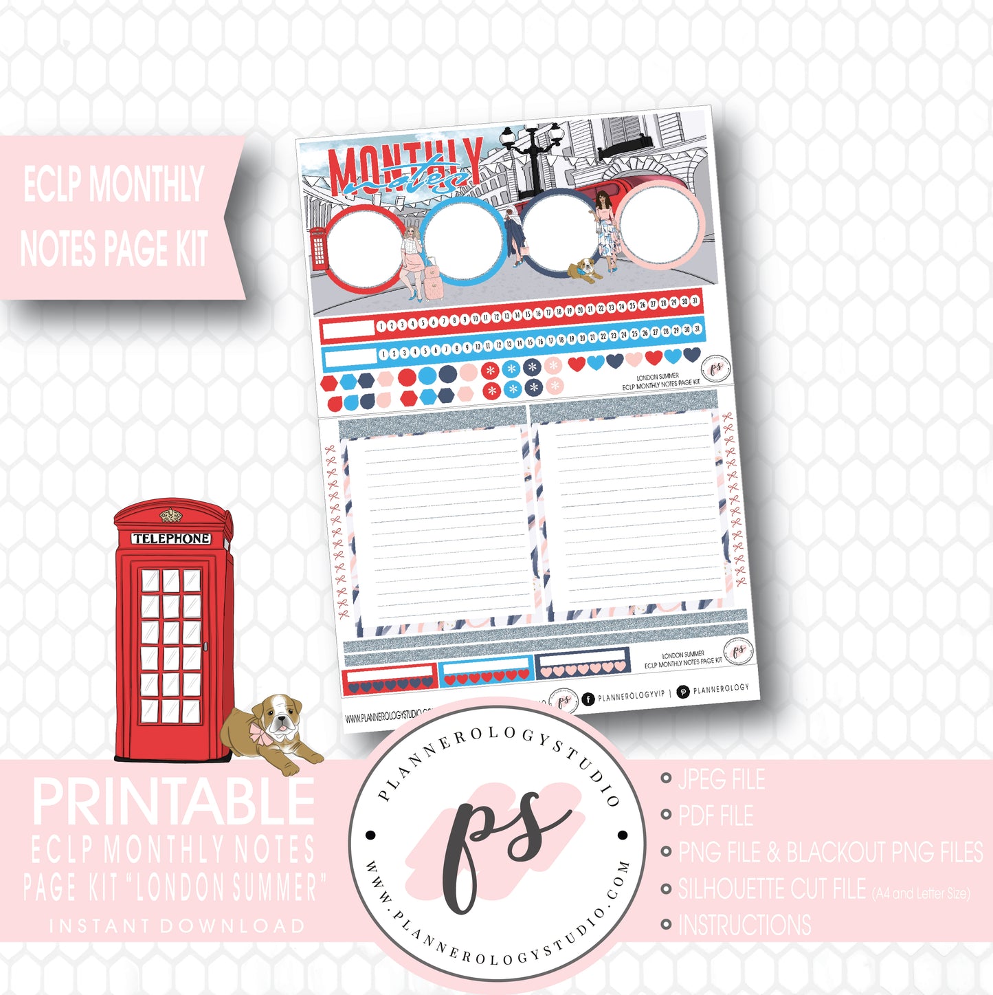 London Summer Monthly Notes Page Kit Digital Printable Planner Stickers (for use with ECLP) - Plannerologystudio
