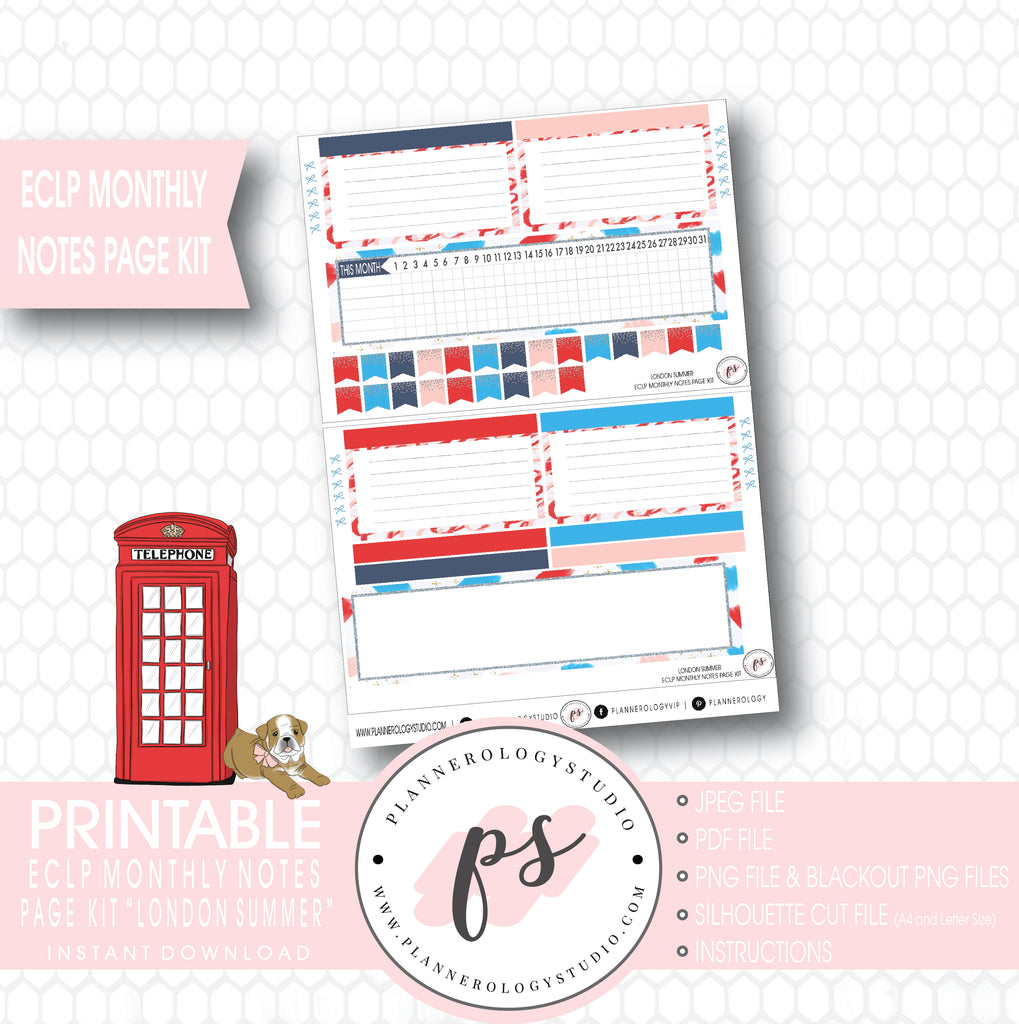 London Summer Monthly Notes Page Kit Digital Printable Planner Stickers (for use with ECLP) - Plannerologystudio