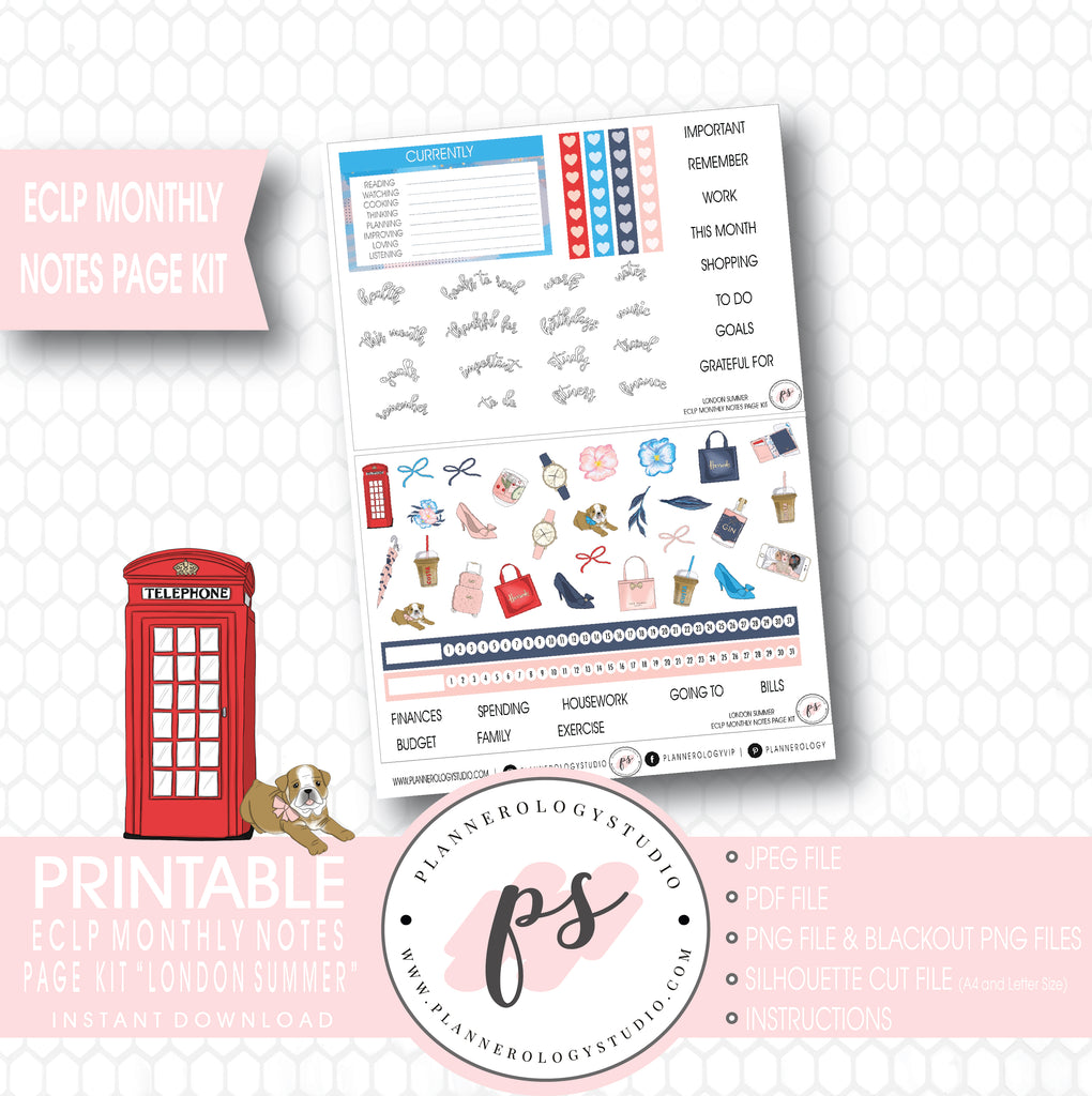 London Summer Monthly Notes Page Kit Digital Printable Planner Stickers (for use with ECLP) - Plannerologystudio
