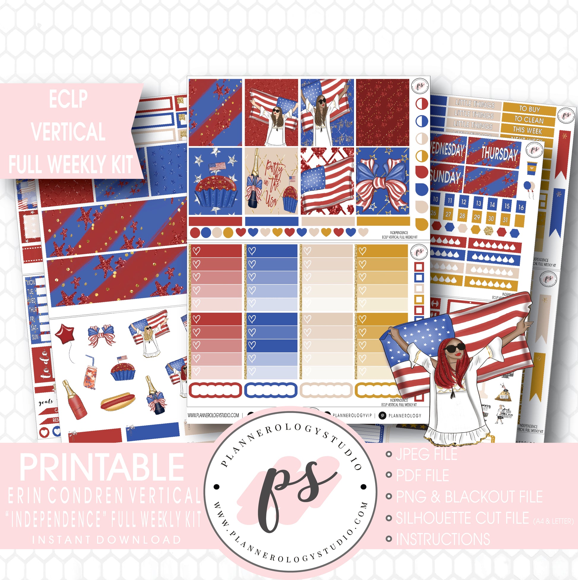 Independence Day 4th July Full Weekly Kit Printable Planner Stickers (for use with ECLP Vertical) - Plannerologystudio
