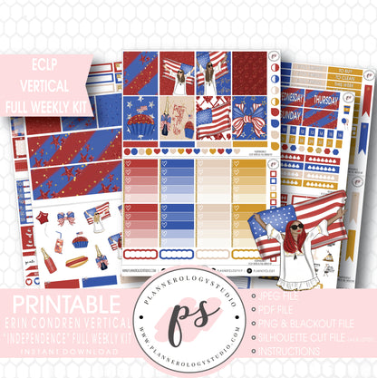 Independence Day 4th July Full Weekly Kit Printable Planner Stickers (for use with ECLP Vertical) - Plannerologystudio