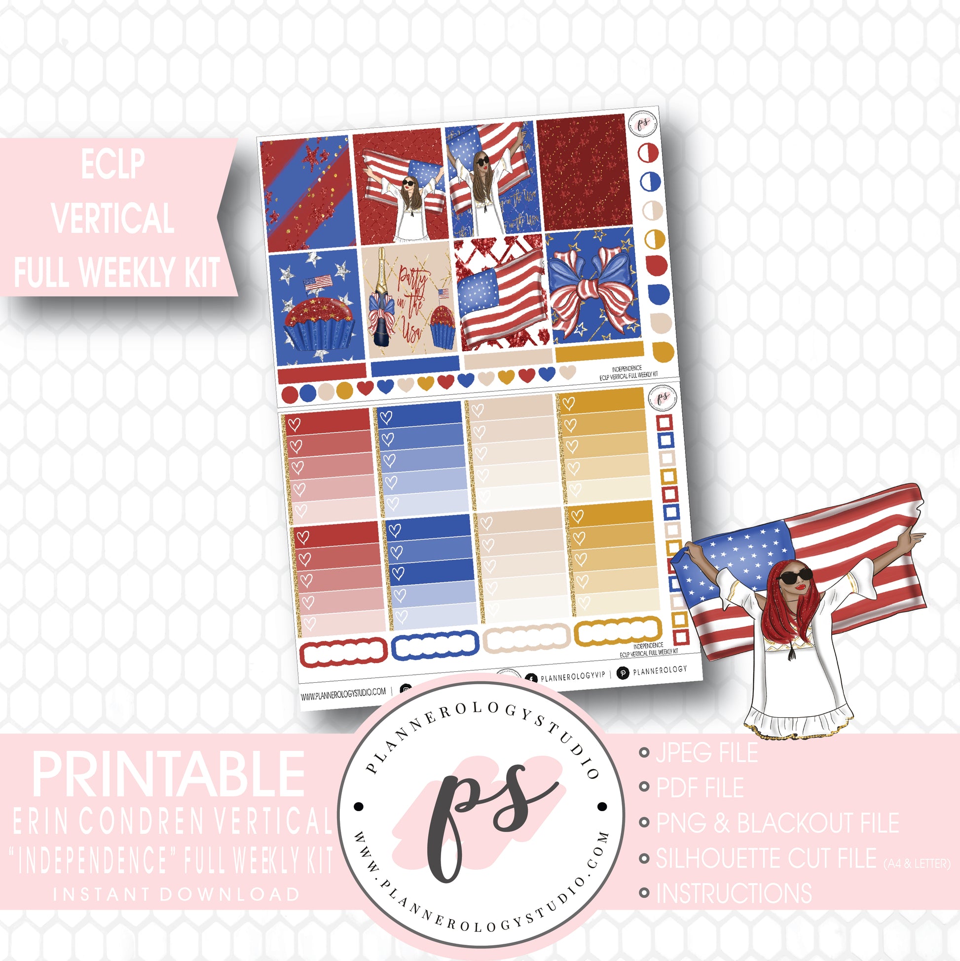 Independence Day 4th July Full Weekly Kit Printable Planner Stickers (for use with ECLP Vertical) - Plannerologystudio