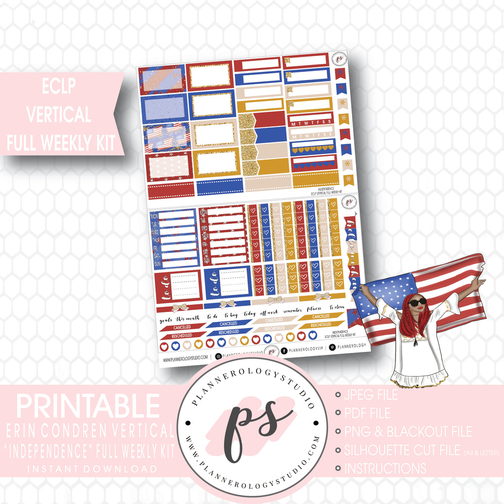 Independence Day 4th July Full Weekly Kit Printable Planner Stickers (for use with ECLP Vertical) - Plannerologystudio