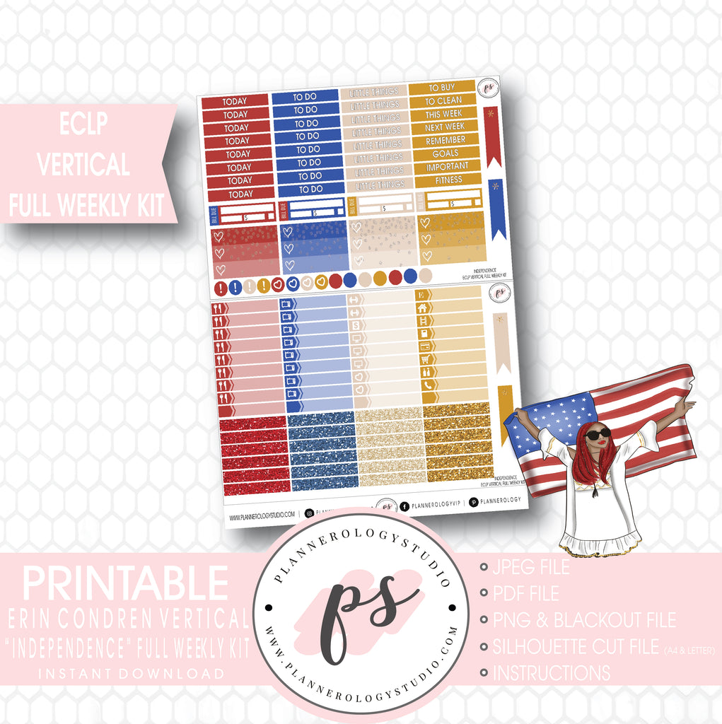 Independence Day 4th July Full Weekly Kit Printable Planner Stickers (for use with ECLP Vertical) - Plannerologystudio