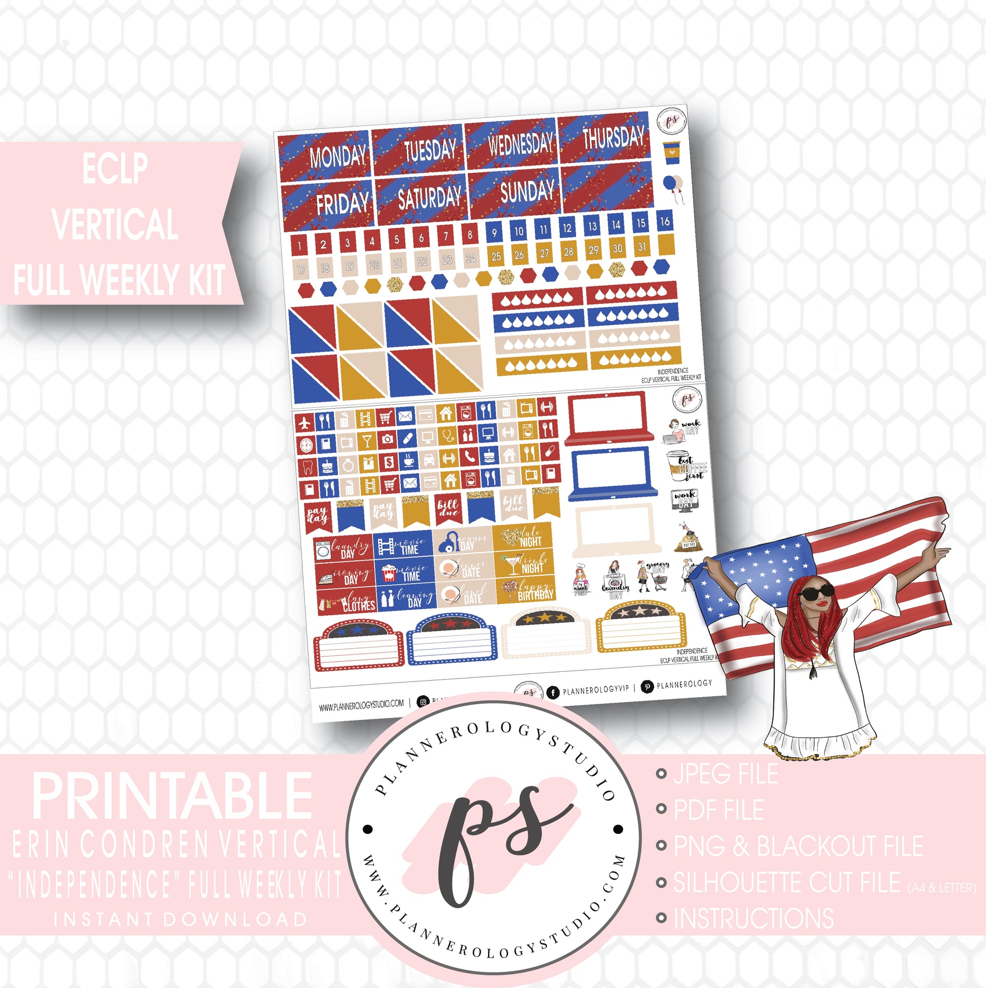 Independence Day 4th July Full Weekly Kit Printable Planner Stickers (for use with ECLP Vertical) - Plannerologystudio