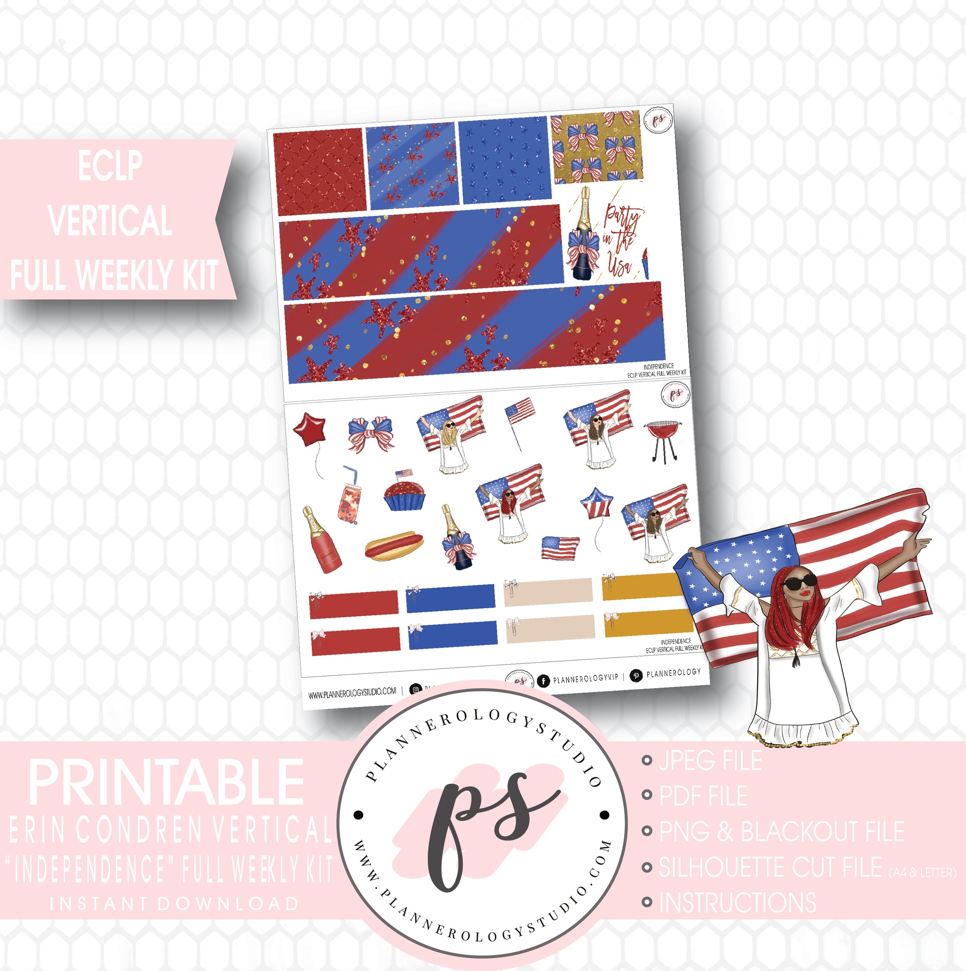Independence Day 4th July Full Weekly Kit Printable Planner Stickers (for use with ECLP Vertical) - Plannerologystudio