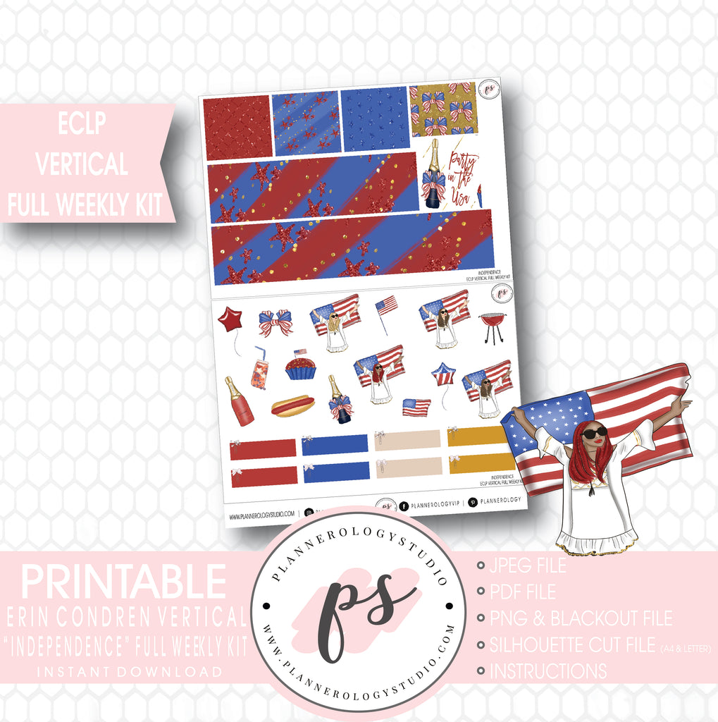 Independence Day 4th July Full Weekly Kit Printable Planner Stickers (for use with ECLP Vertical) - Plannerologystudio