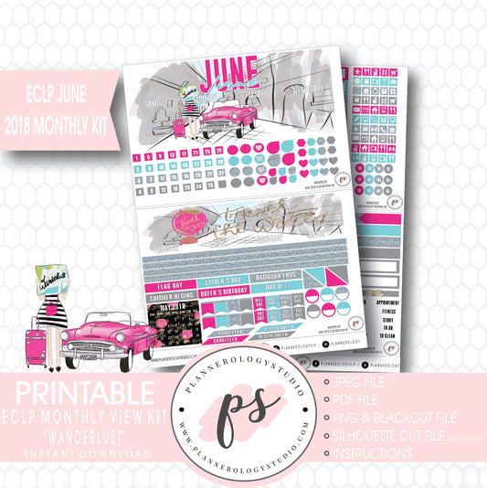 Wanderlust June 2018 Monthly View Kit Digital Printable Planner Stickers (for use with Erin Condren) - Plannerologystudio