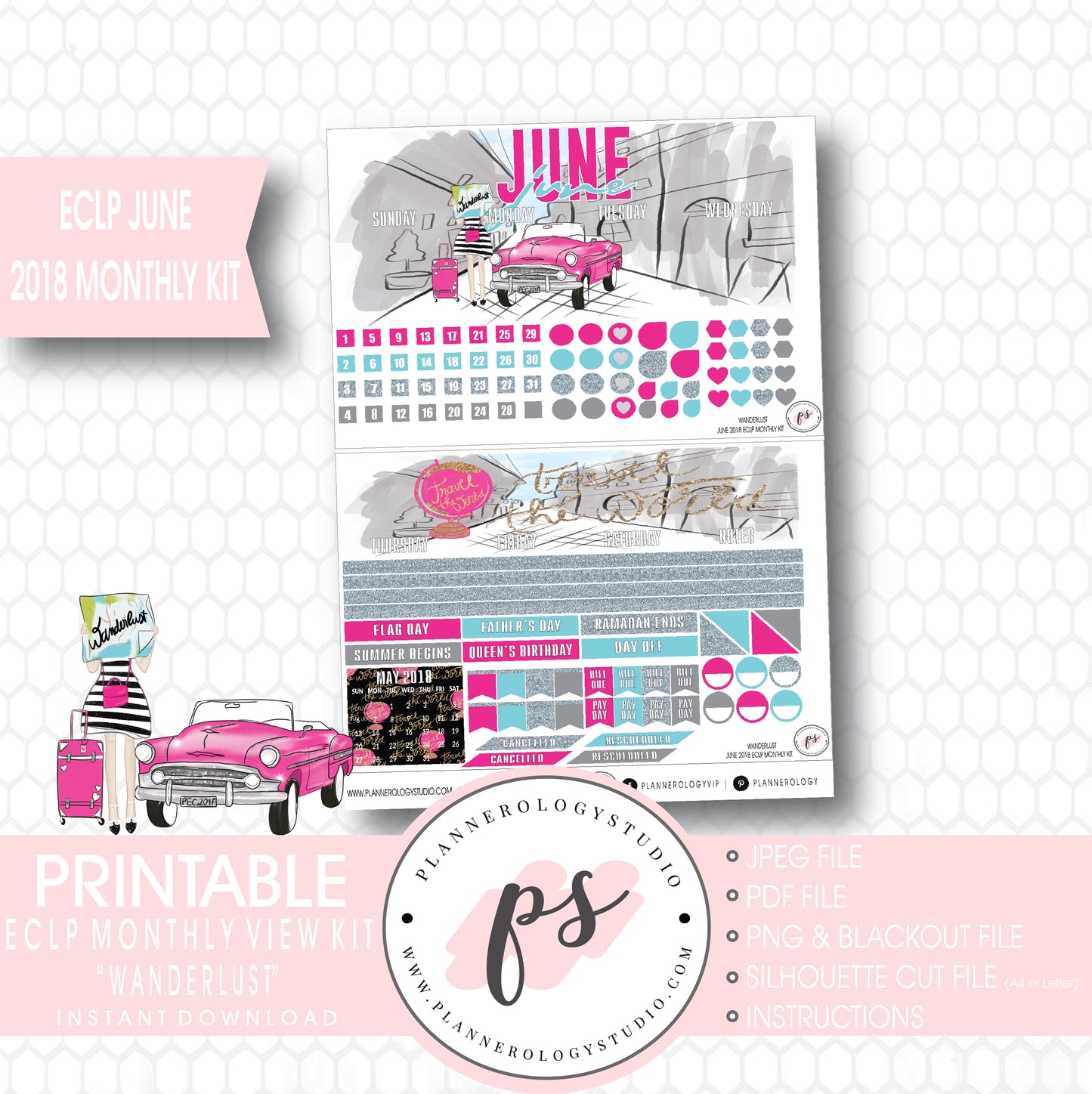 Wanderlust June 2018 Monthly View Kit Digital Printable Planner Stickers (for use with Erin Condren) - Plannerologystudio