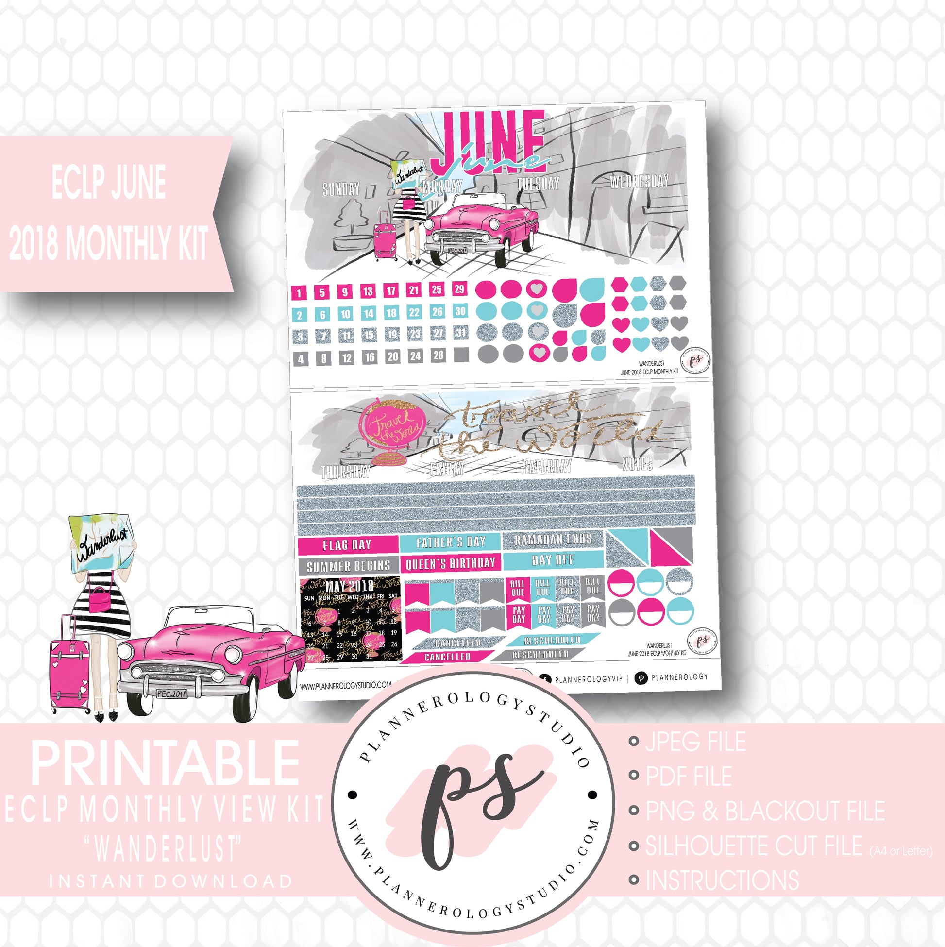 Wanderlust June 2018 Monthly View Kit Digital Printable Planner Stickers (for use with Erin Condren) - Plannerologystudio