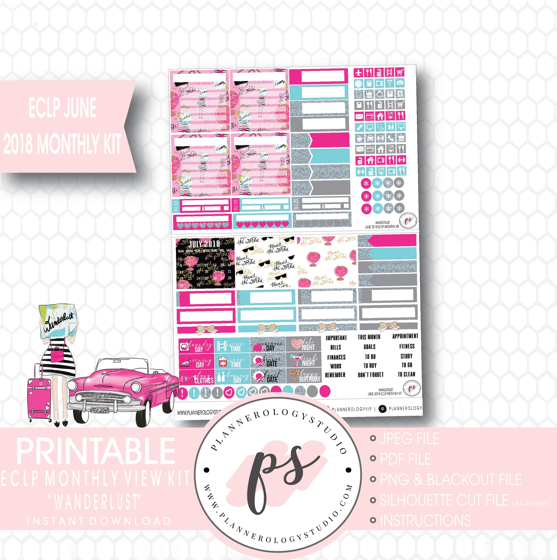 Wanderlust June 2018 Monthly View Kit Digital Printable Planner Stickers (for use with Erin Condren) - Plannerologystudio