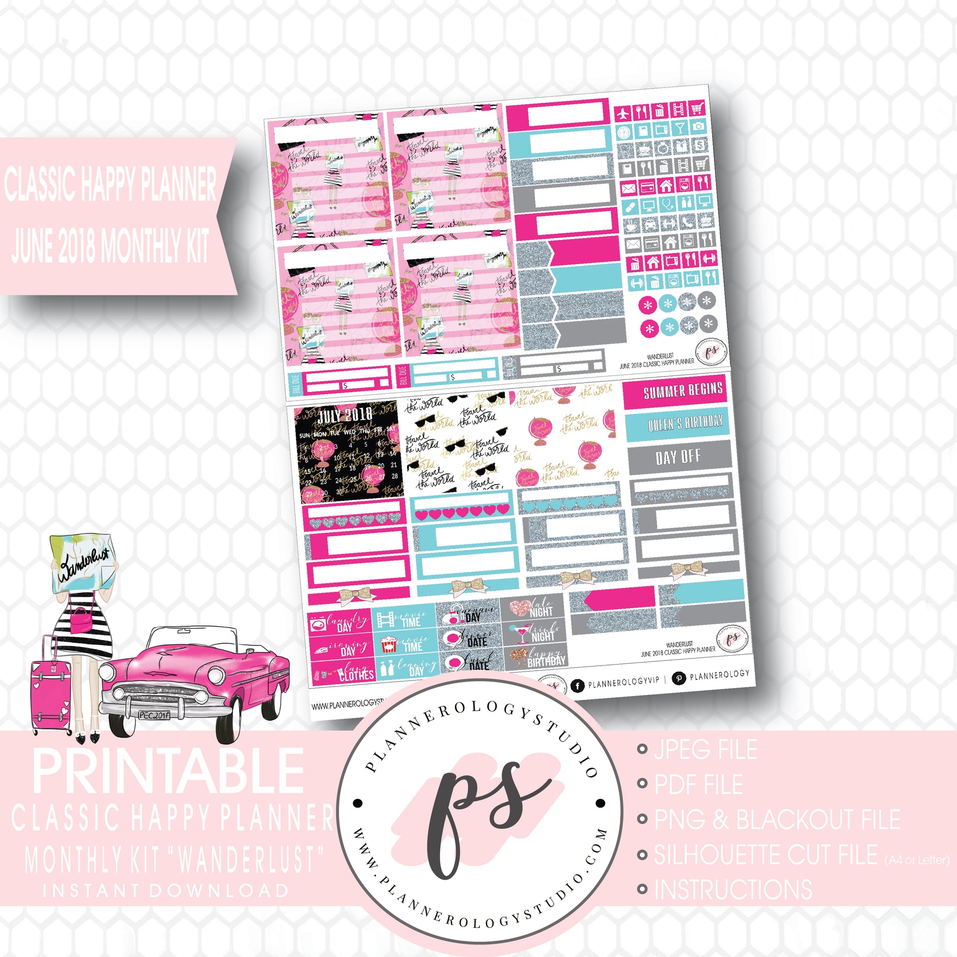 Wanderlust June 2018 Monthly View Kit Digital Printable Planner Stickers (for use with Classic Happy Planner) - Plannerologystudio
