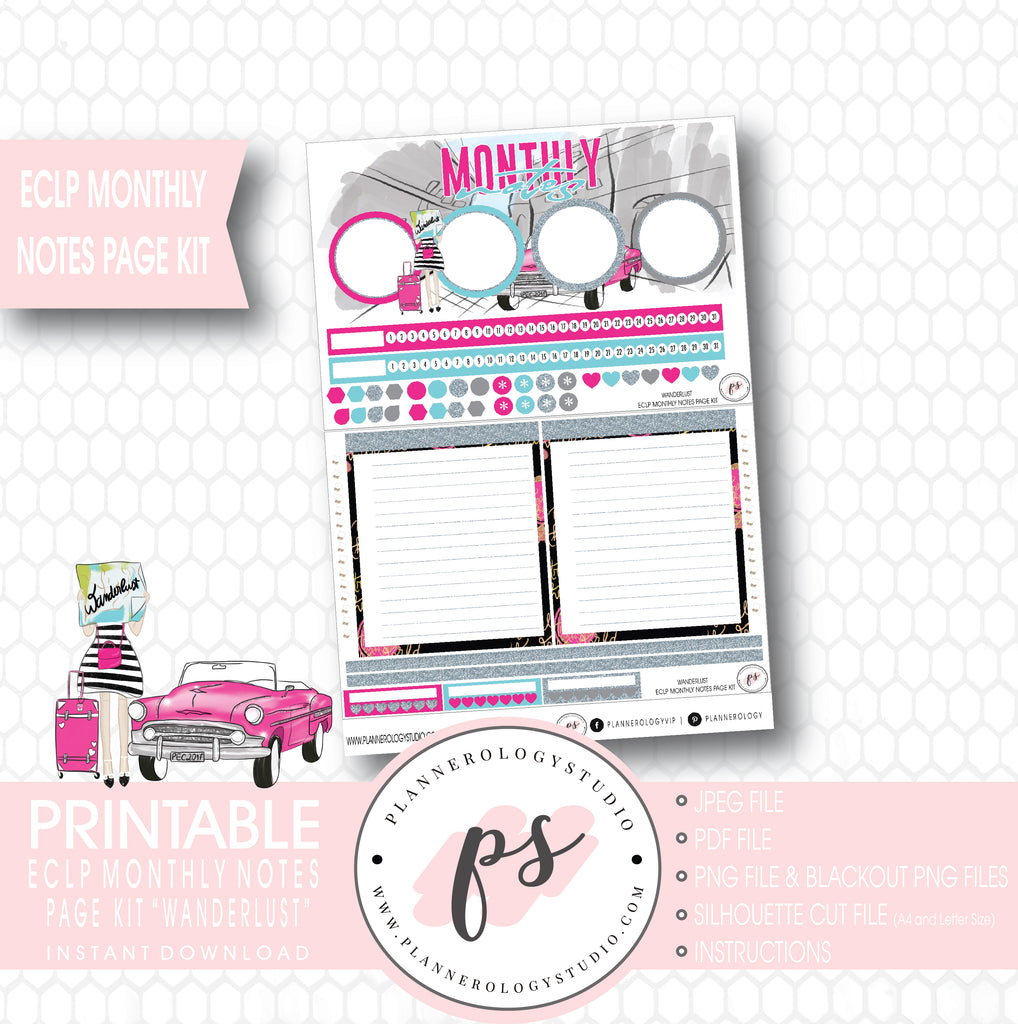 Wanderlust Monthly Notes Page Kit Digital Printable Planner Stickers (for use with ECLP) - Plannerologystudio