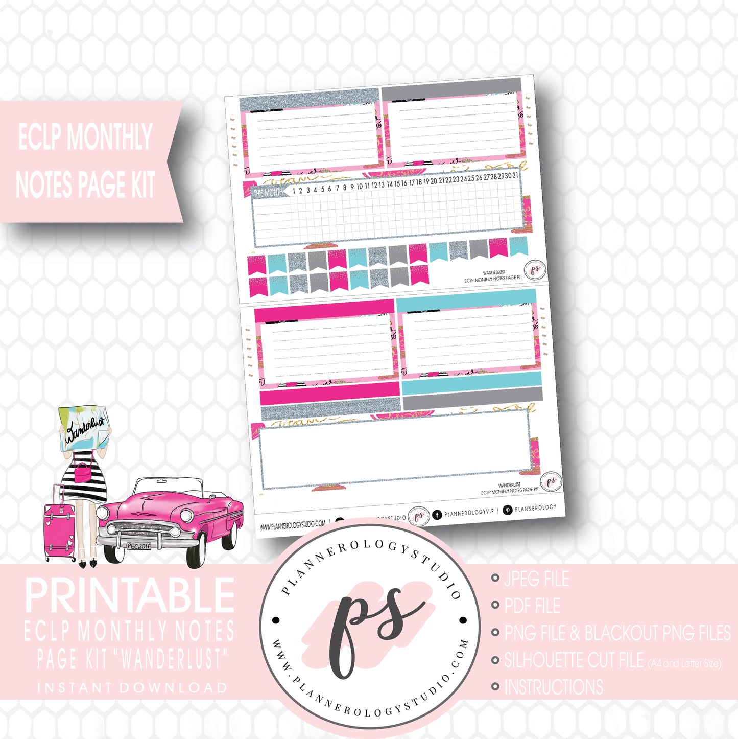 Wanderlust Monthly Notes Page Kit Digital Printable Planner Stickers (for use with ECLP) - Plannerologystudio