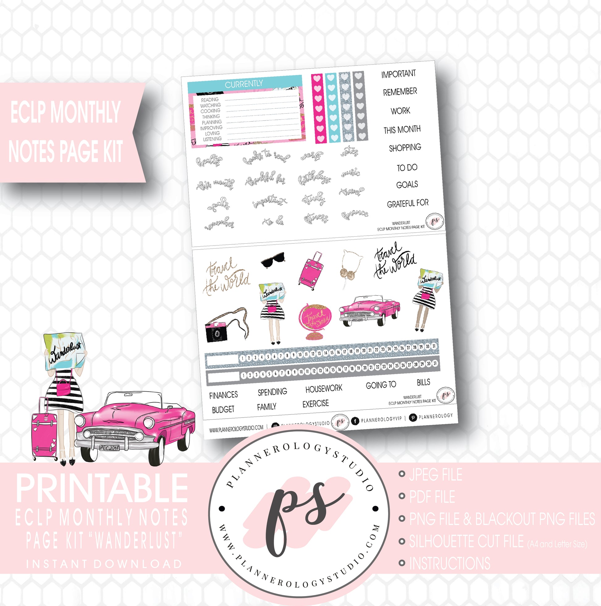 Wanderlust Monthly Notes Page Kit Digital Printable Planner Stickers (for use with ECLP) - Plannerologystudio