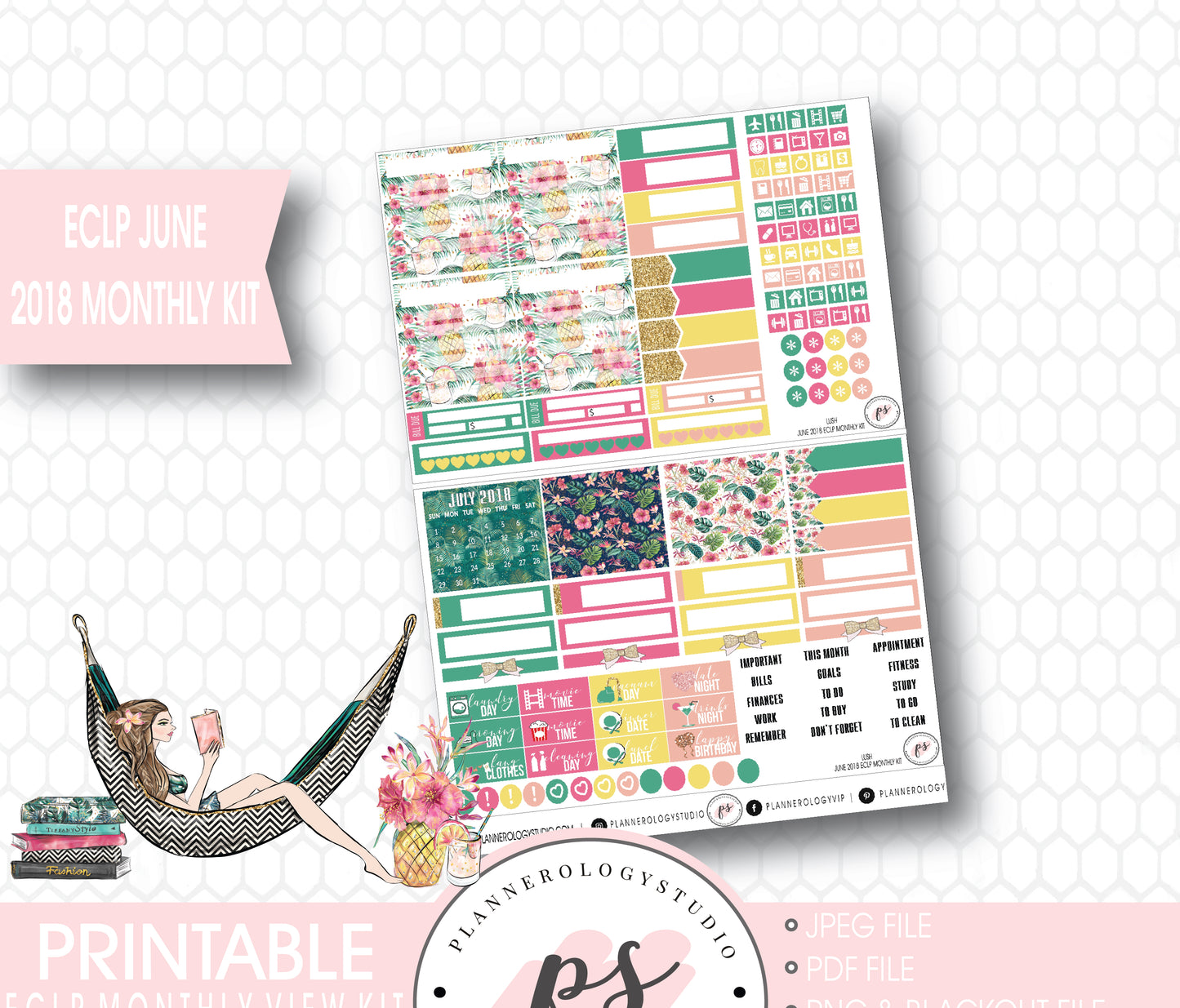 Lush Summer June 2018 Monthly View Kit Digital Printable Planner Stickers (for use with Erin Condren) - Plannerologystudio