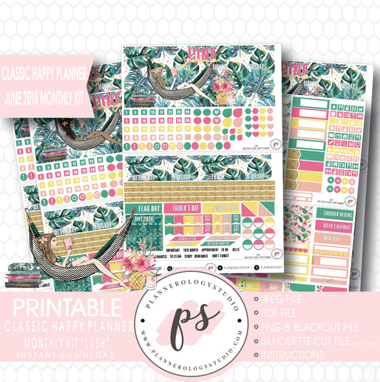 Lush Summer June 2018 Monthly View Kit Digital Printable Planner Stickers (for use with Classic Happy Planner) - Plannerologystudio