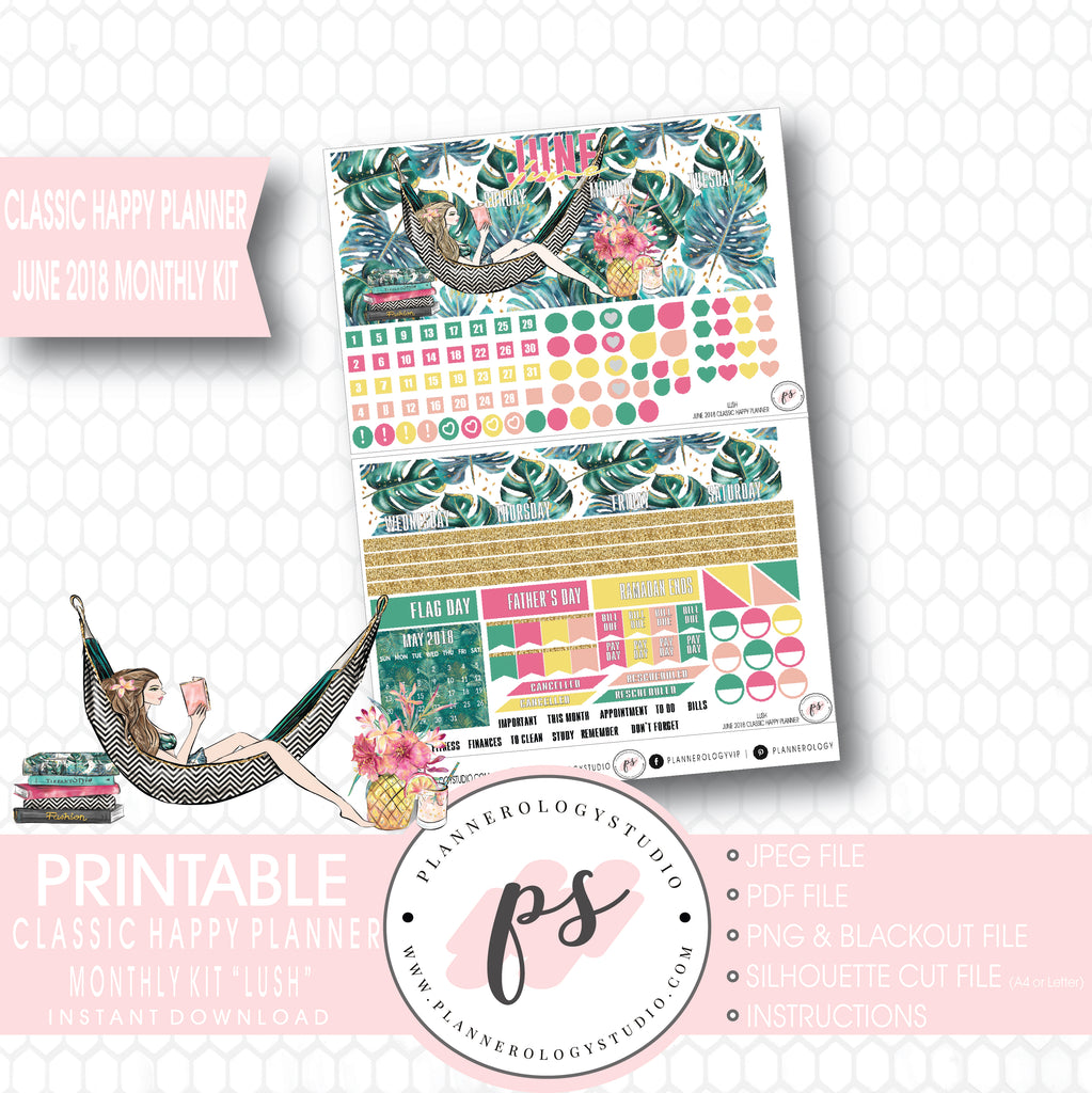 Lush Summer June 2018 Monthly View Kit Digital Printable Planner Stickers (for use with Classic Happy Planner) - Plannerologystudio