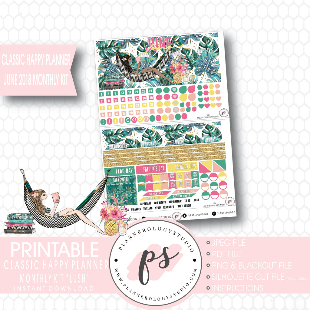 Lush Summer June 2018 Monthly View Kit Digital Printable Planner Stickers (for use with Classic Happy Planner) - Plannerologystudio