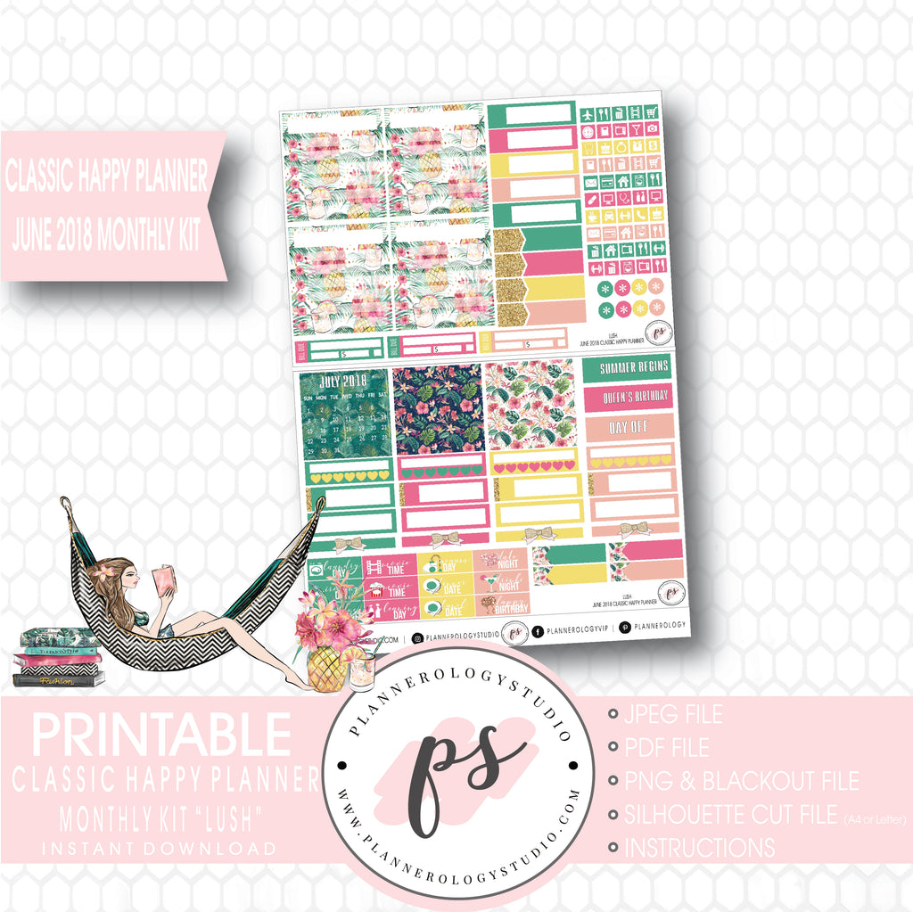 Lush Summer June 2018 Monthly View Kit Digital Printable Planner Stickers (for use with Classic Happy Planner) - Plannerologystudio