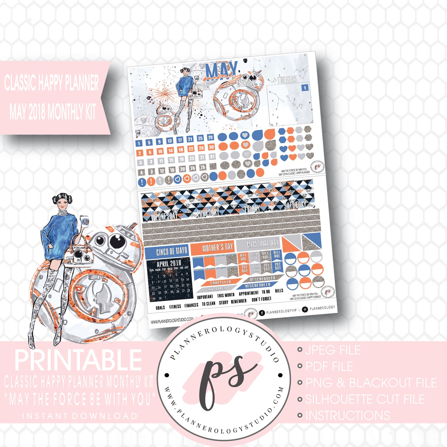 May the Force Be With You (Star Wars) May 2018 Monthly View Kit Digital Printable Planner Stickers (for use with Classic Happy Planner) - Plannerologystudio