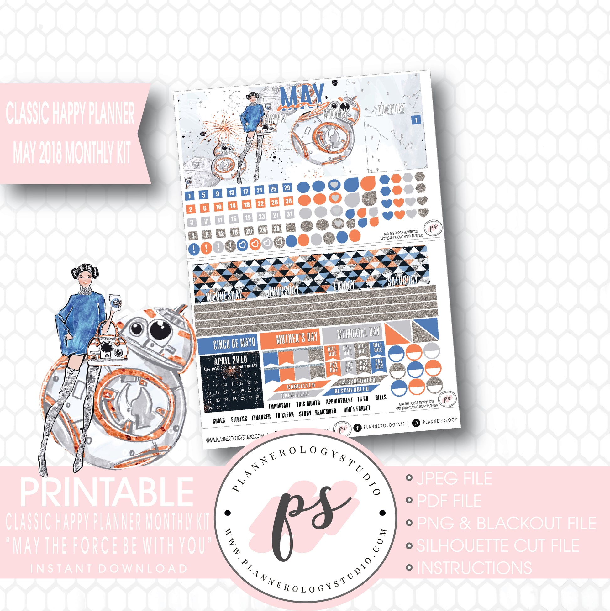 May the Force Be With You (Star Wars) May 2018 Monthly View Kit Digital Printable Planner Stickers (for use with Classic Happy Planner) - Plannerologystudio