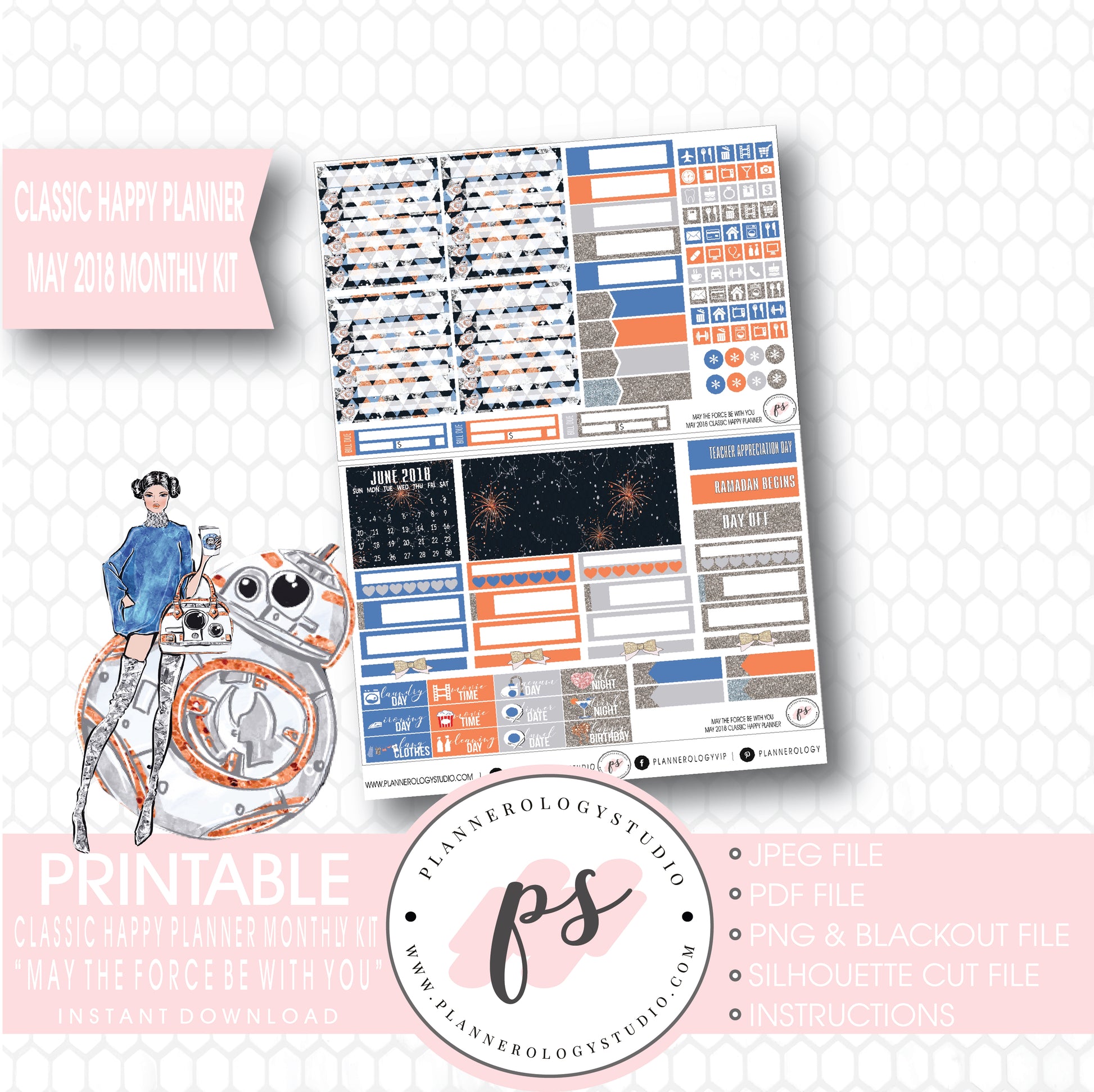 May the Force Be With You (Star Wars) May 2018 Monthly View Kit Digital Printable Planner Stickers (for use with Classic Happy Planner) - Plannerologystudio