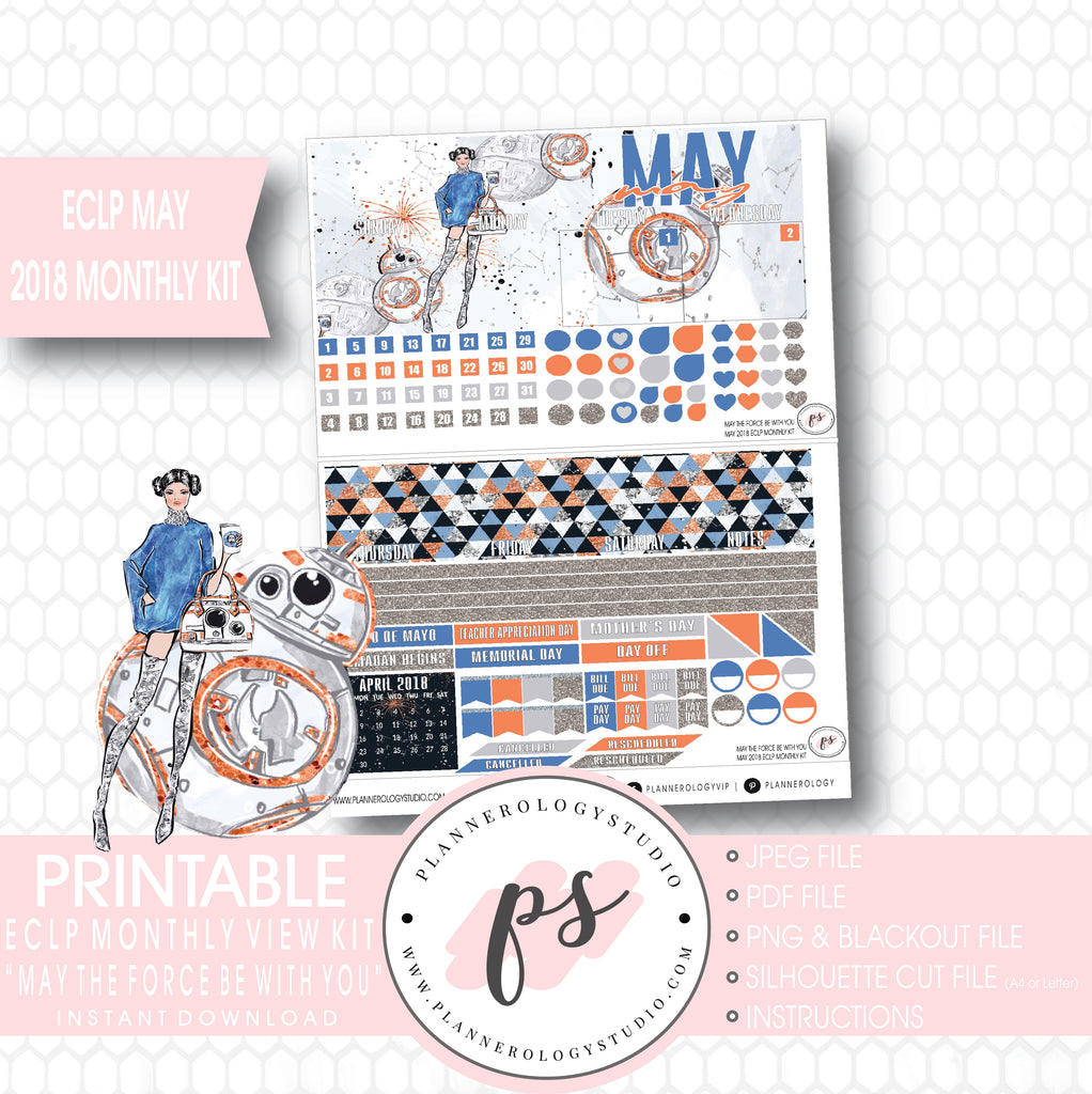 May the Force Be With You (Star Wars) May 2018 Monthly View Kit Digital Printable Planner Stickers (for use with Erin Condren) - Plannerologystudio