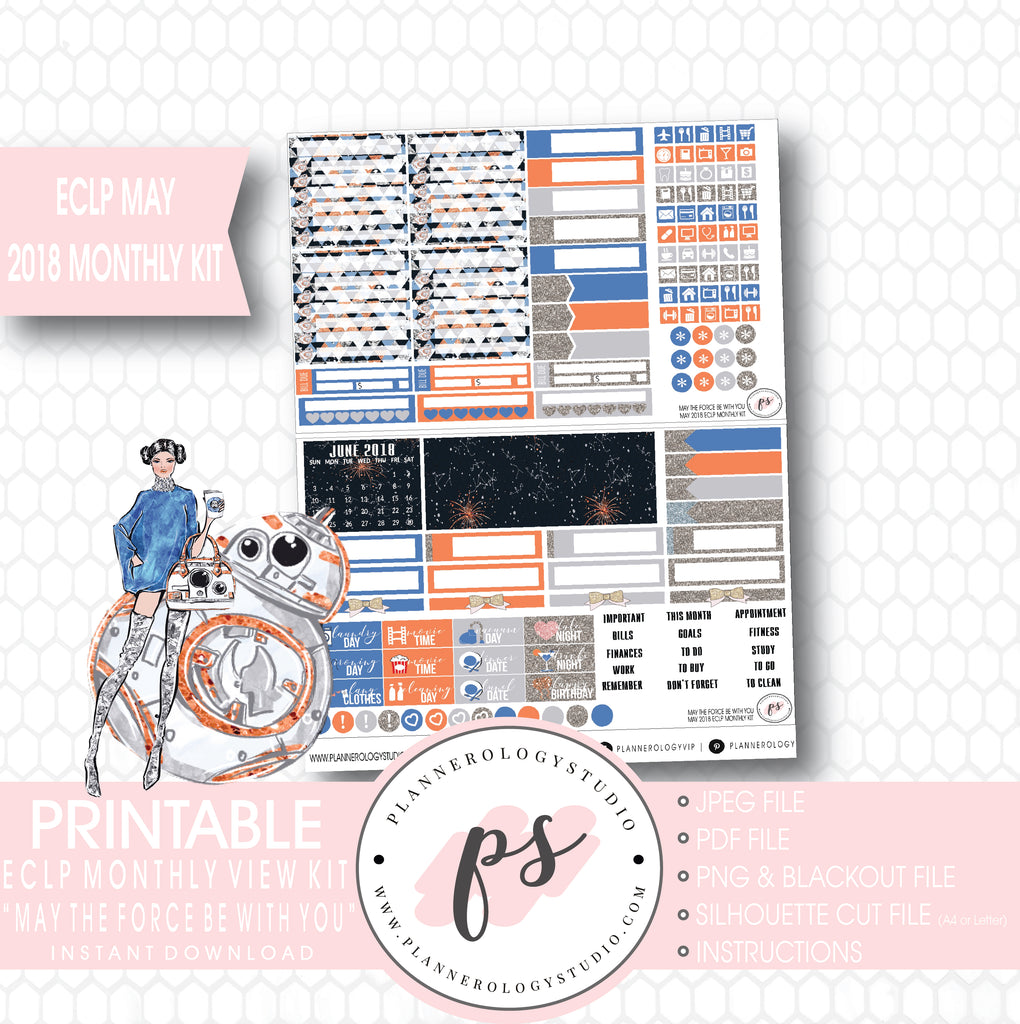 May the Force Be With You (Star Wars) May 2018 Monthly View Kit Digital Printable Planner Stickers (for use with Erin Condren) - Plannerologystudio