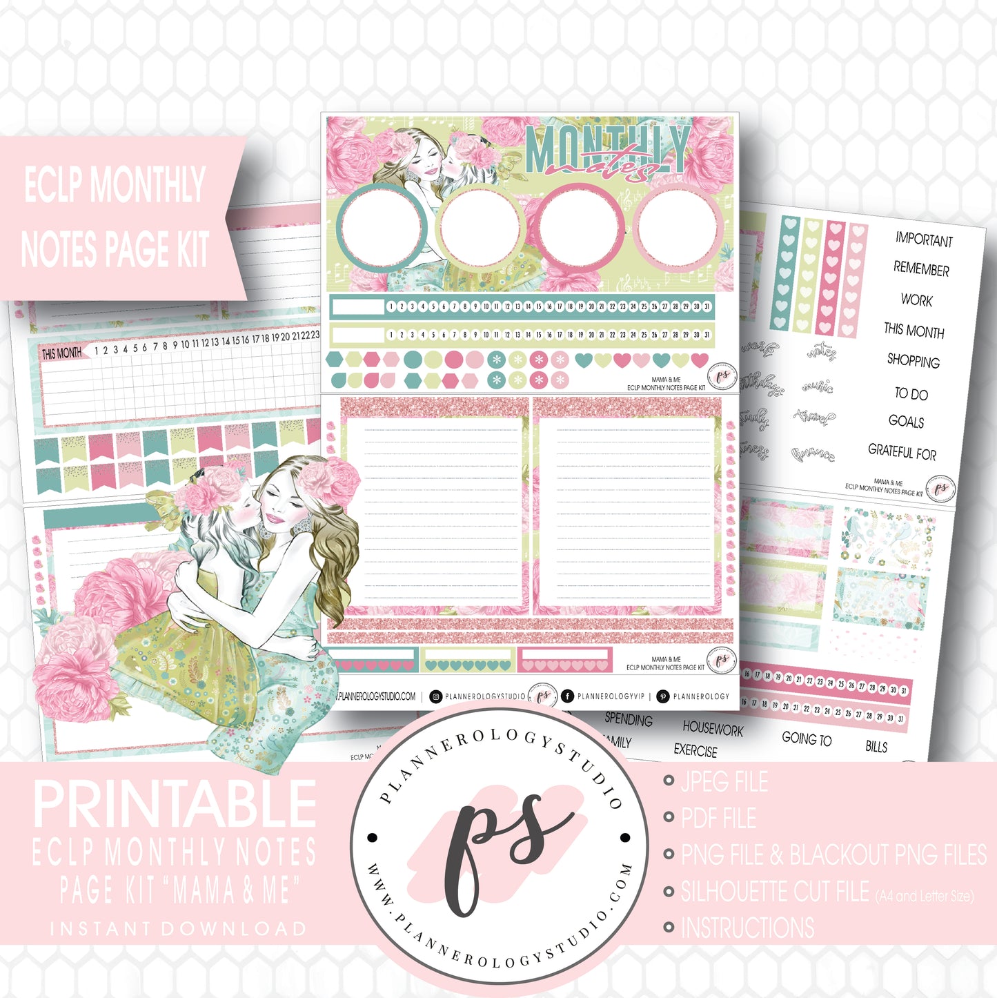 Mama & Me (Mother's Day) Monthly Notes Page Kit Digital Printable Planner Stickers (for use with ECLP) - Plannerologystudio