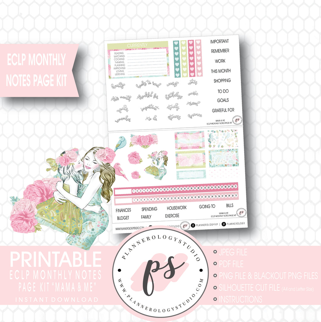 Mama & Me (Mother's Day) Monthly Notes Page Kit Digital Printable Planner Stickers (for use with ECLP) - Plannerologystudio