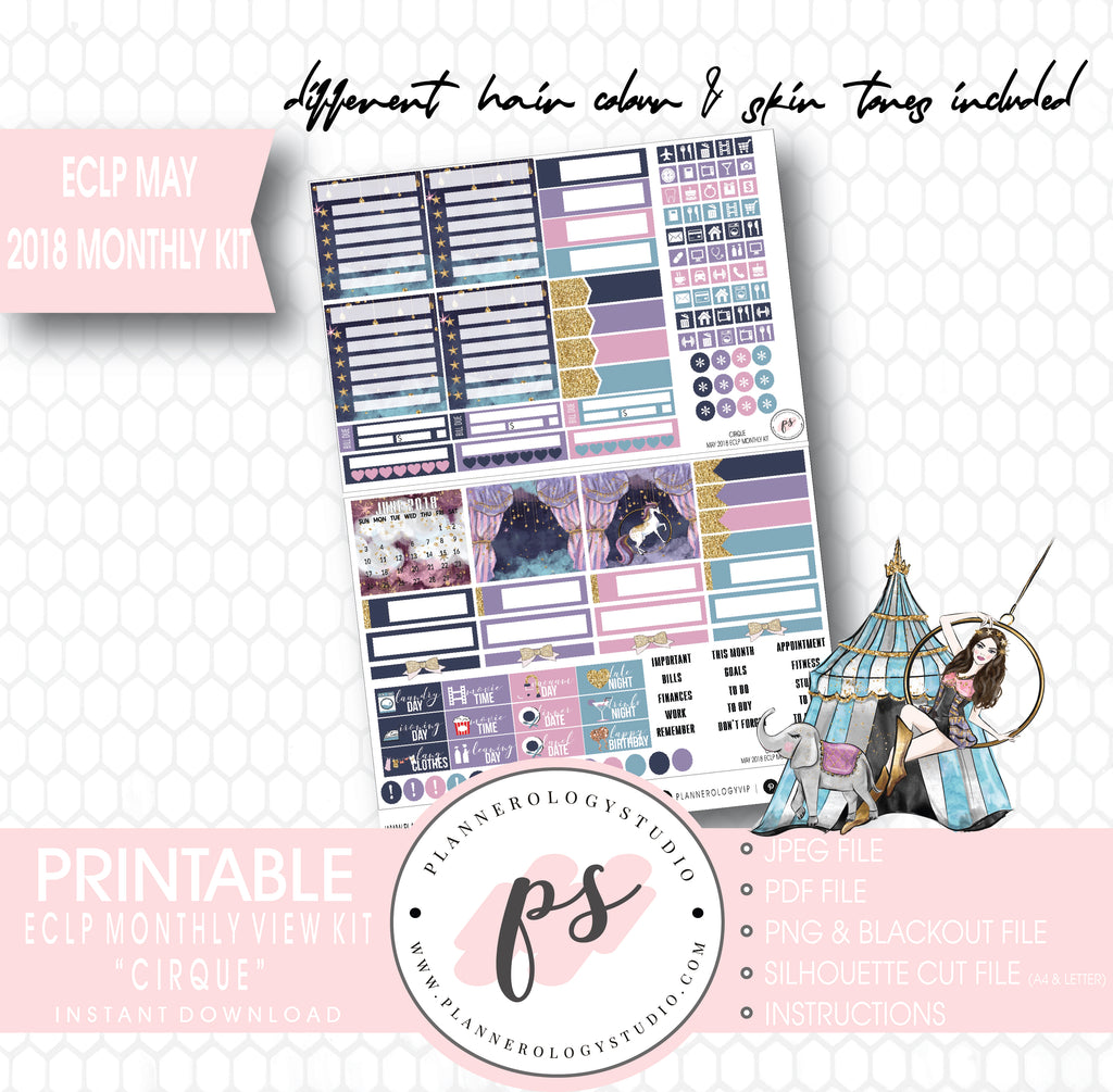 Cirque May 2018 Monthly View Kit Digital Printable Planner Stickers (for use with Erin Condren) - Plannerologystudio