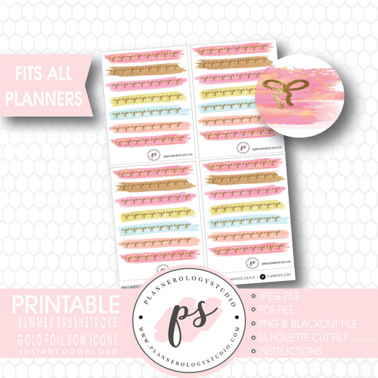 Summer Brushstroke Gold Foil Texture Bow Icons Digital Printable Planner Stickers - Plannerologystudio