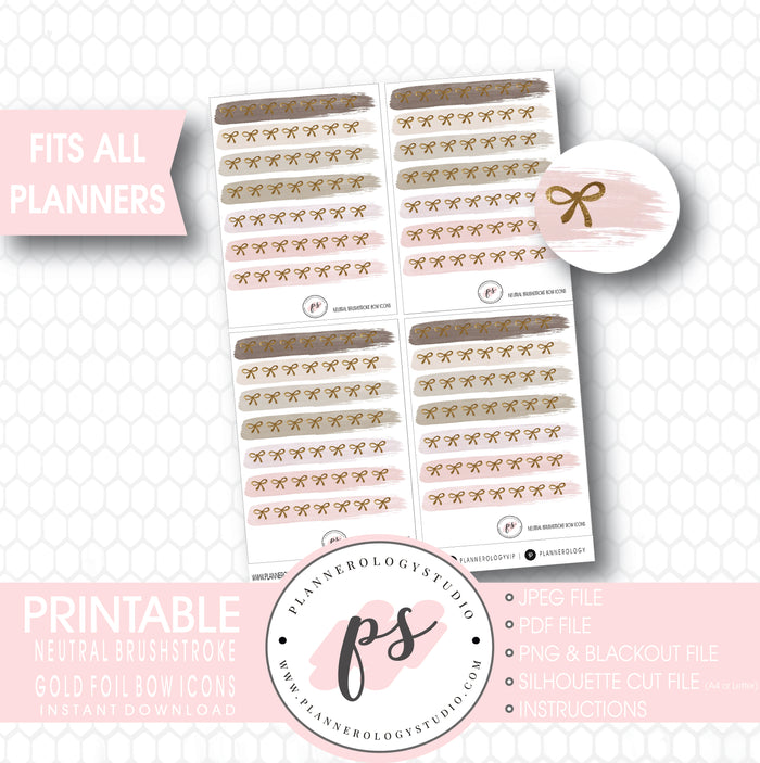 Neutral Brushstroke Gold Foil Texture Bow Icons Digital Printable Planner Stickers - Plannerologystudio