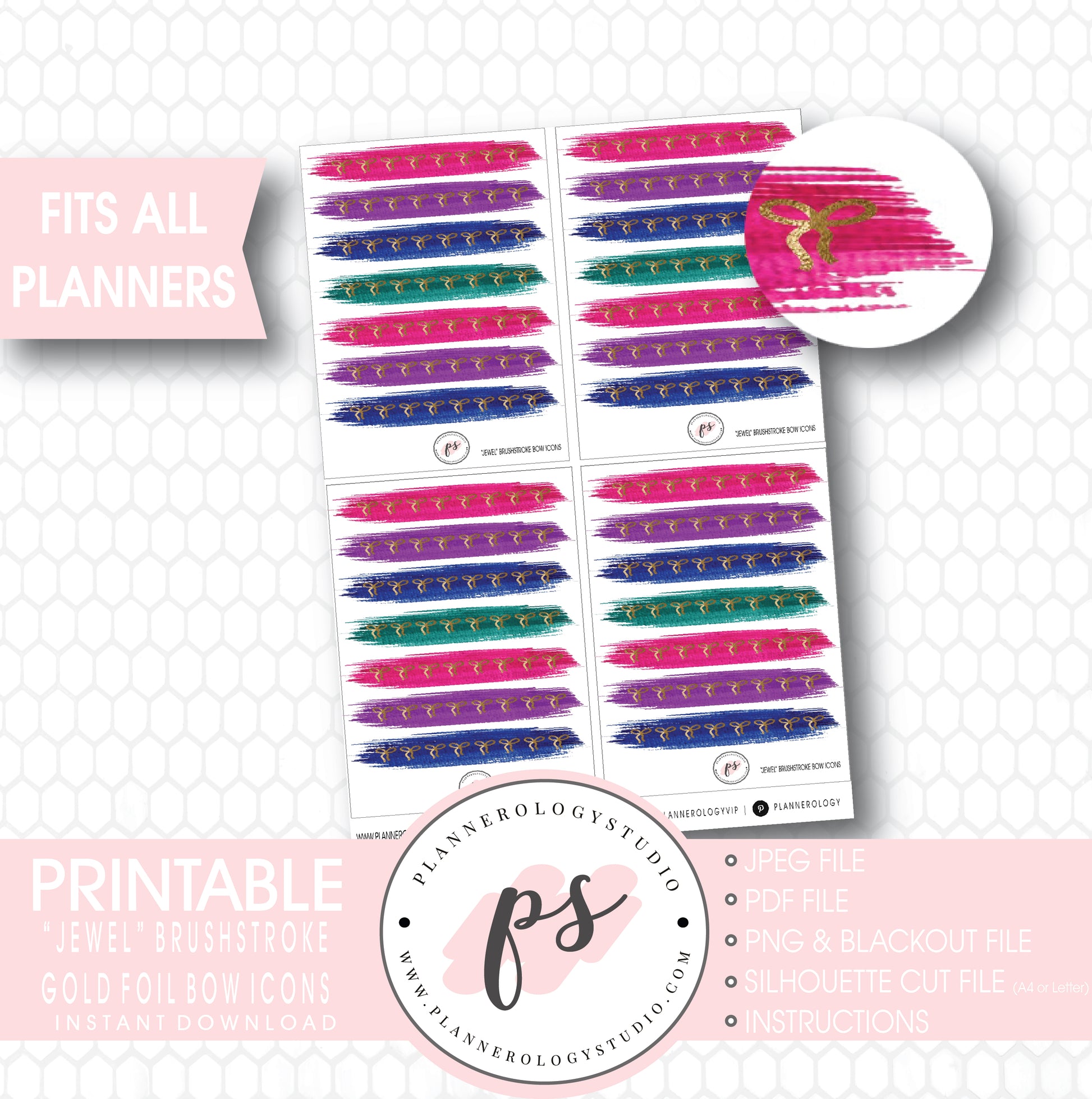 Jewel Brushstroke Gold Foil Texture Bow Icons Digital Printable Planner Stickers - Plannerologystudio