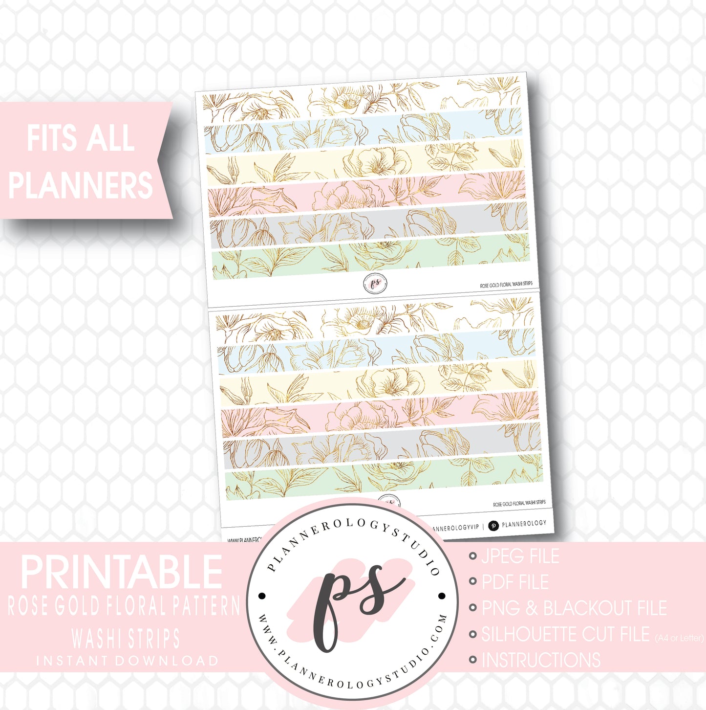 Rose Gold Floral Pattern Bow Icon Washi Strip Digital Printable Planner Stickers - Plannerologystudio