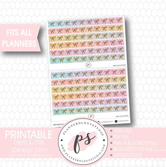 Ombre Glitter Pattern Bow Icon Washi Strip Digital Printable Planner Stickers - Plannerologystudio