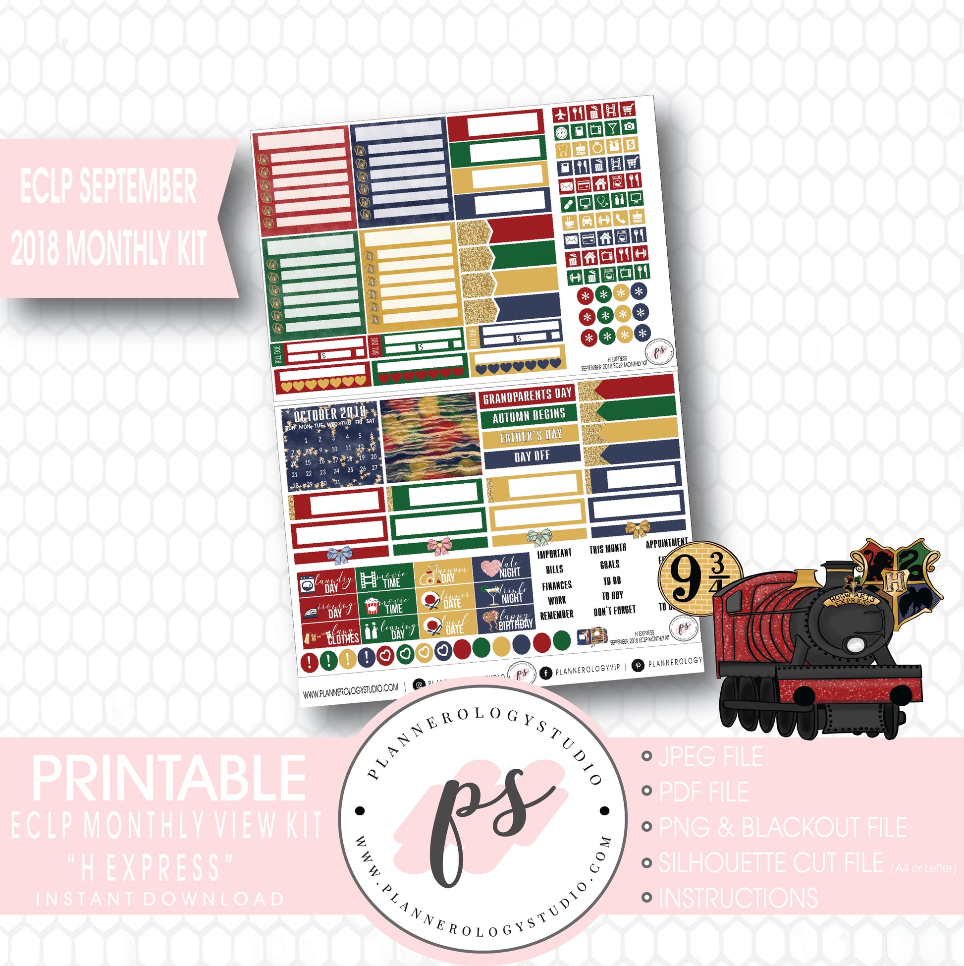 H Express (Harry Potter) September 2018 Monthly View Kit Digital Printable Planner Stickers (for use with Erin Condren) - Plannerologystudio